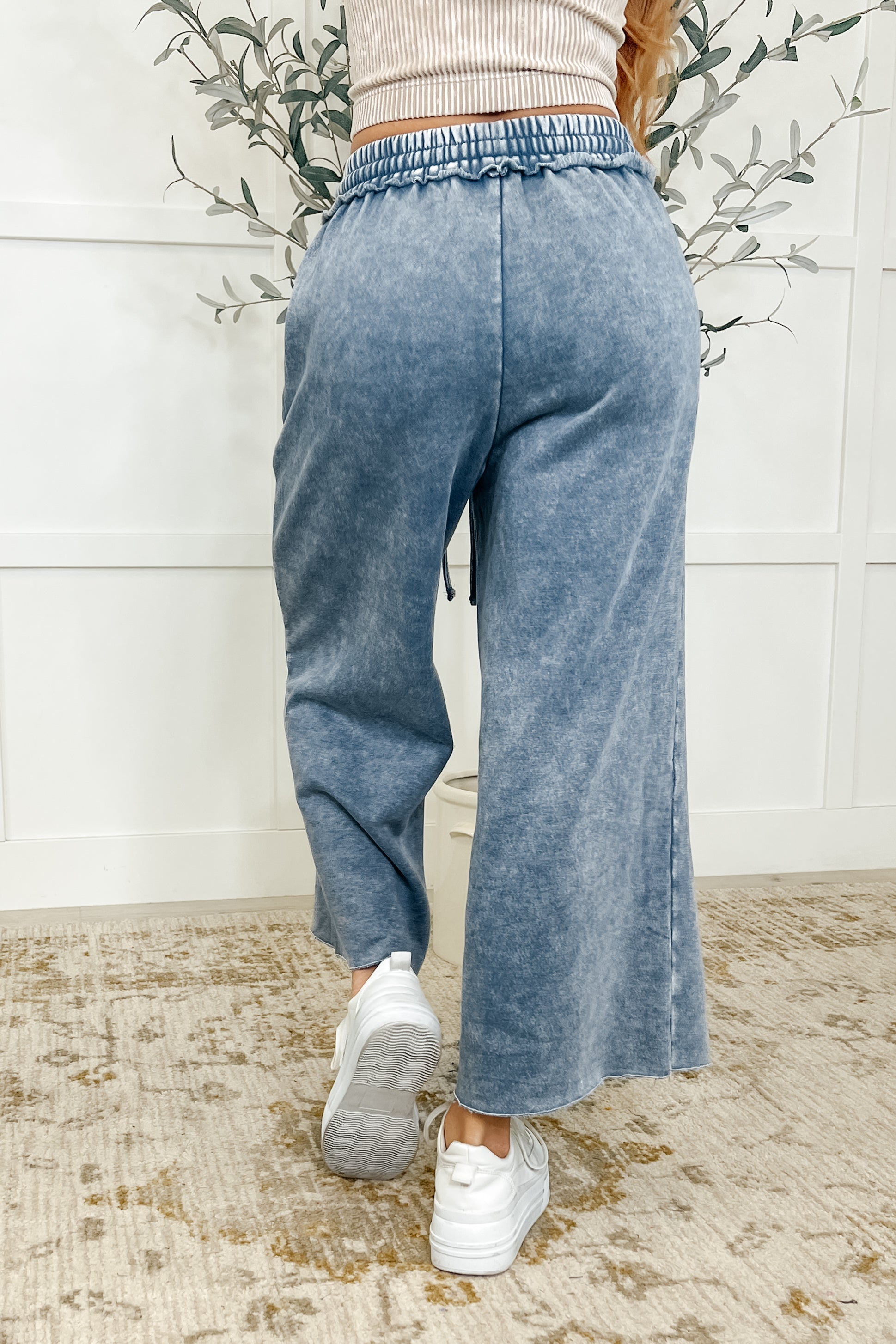 Zenana In or Out Wide Leg Cropped Pants Blue Grey Womens