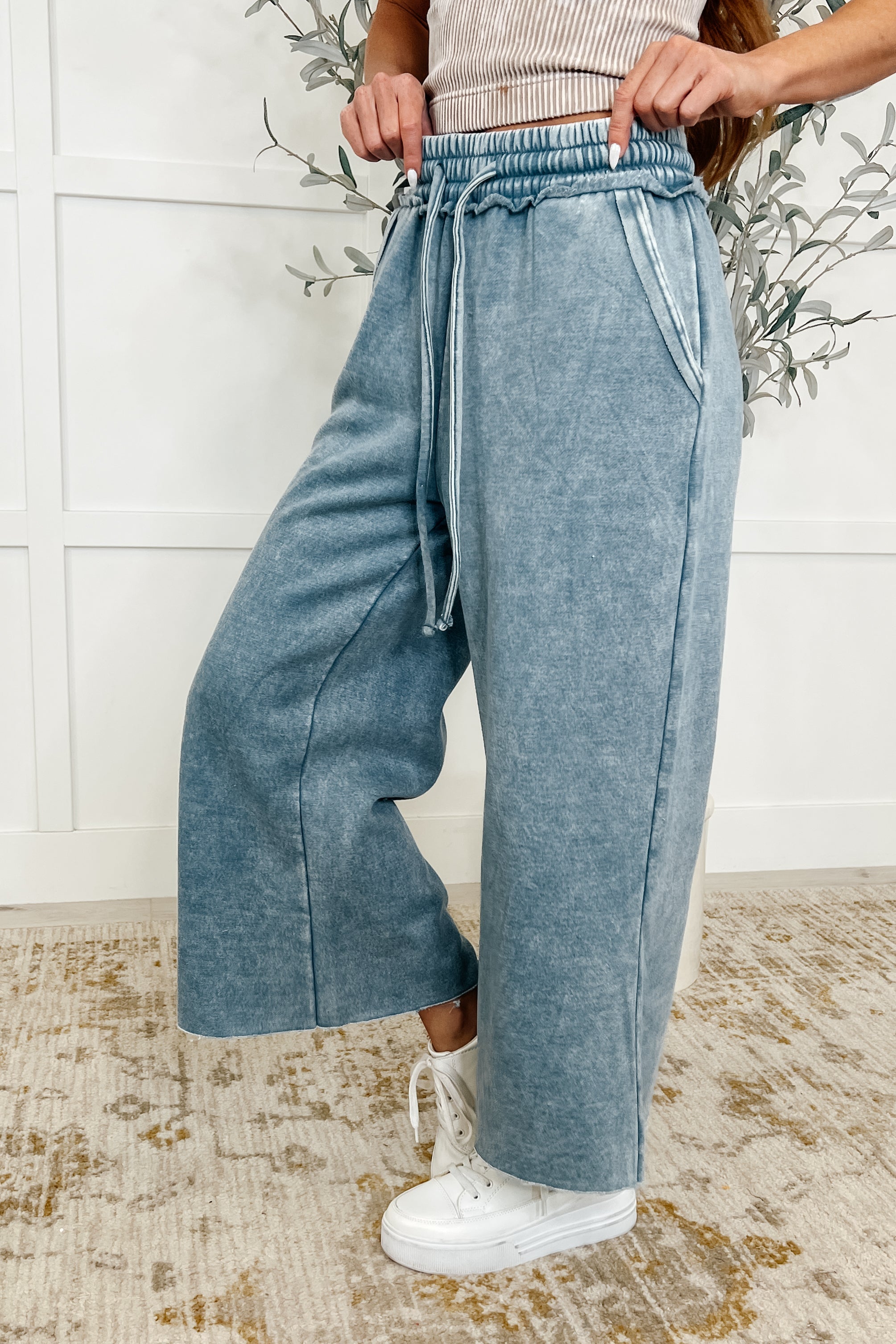 Zenana In or Out Wide Leg Cropped Pants Dusty Blue Womens