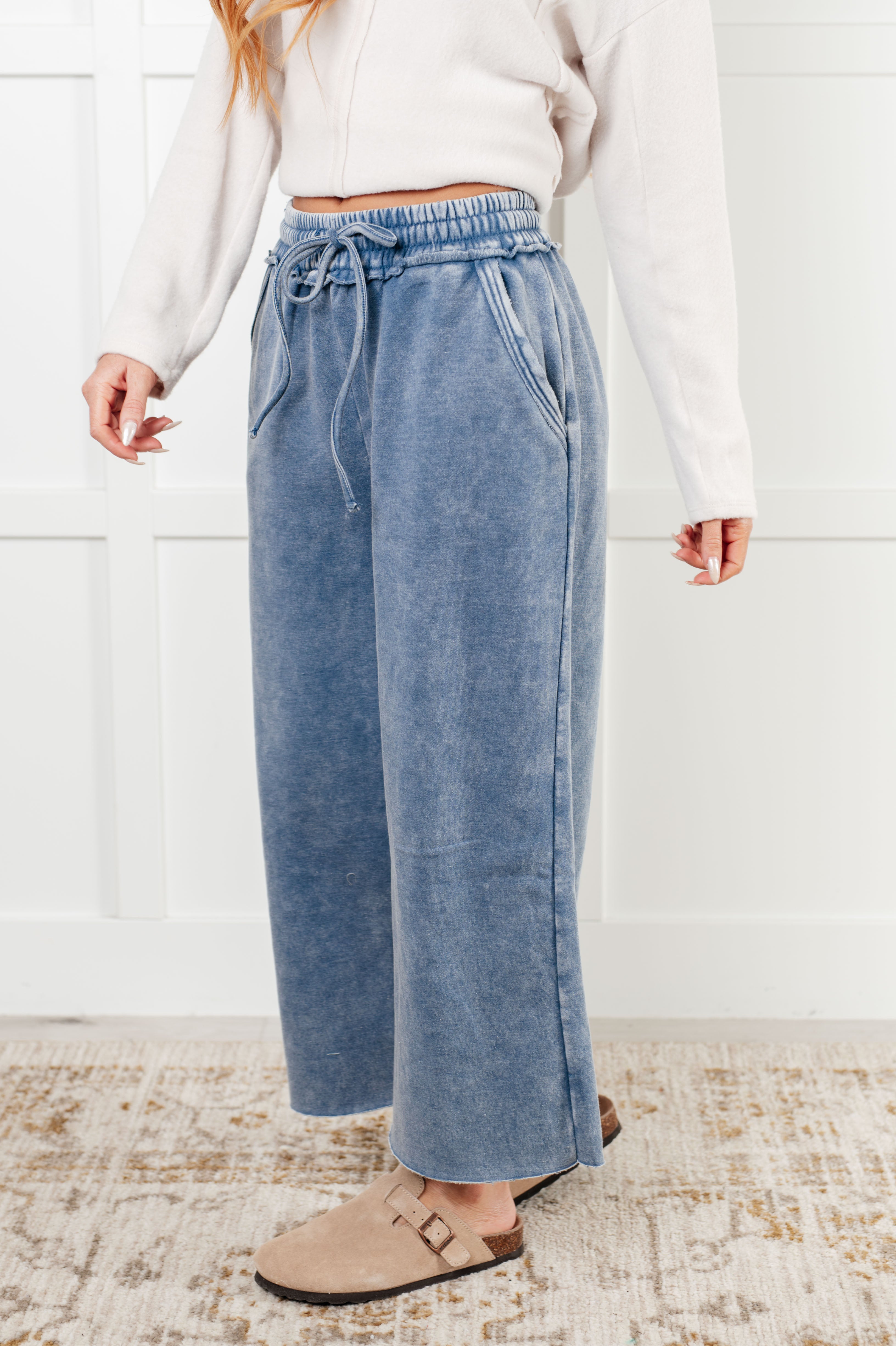 Zenana In or Out Mineral Washed Wide Leg Cropped Pants in Dusty Blue Pants