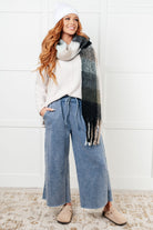 Zenana In or Out Mineral Washed Wide Leg Cropped Pants in Dusty Blue Pants