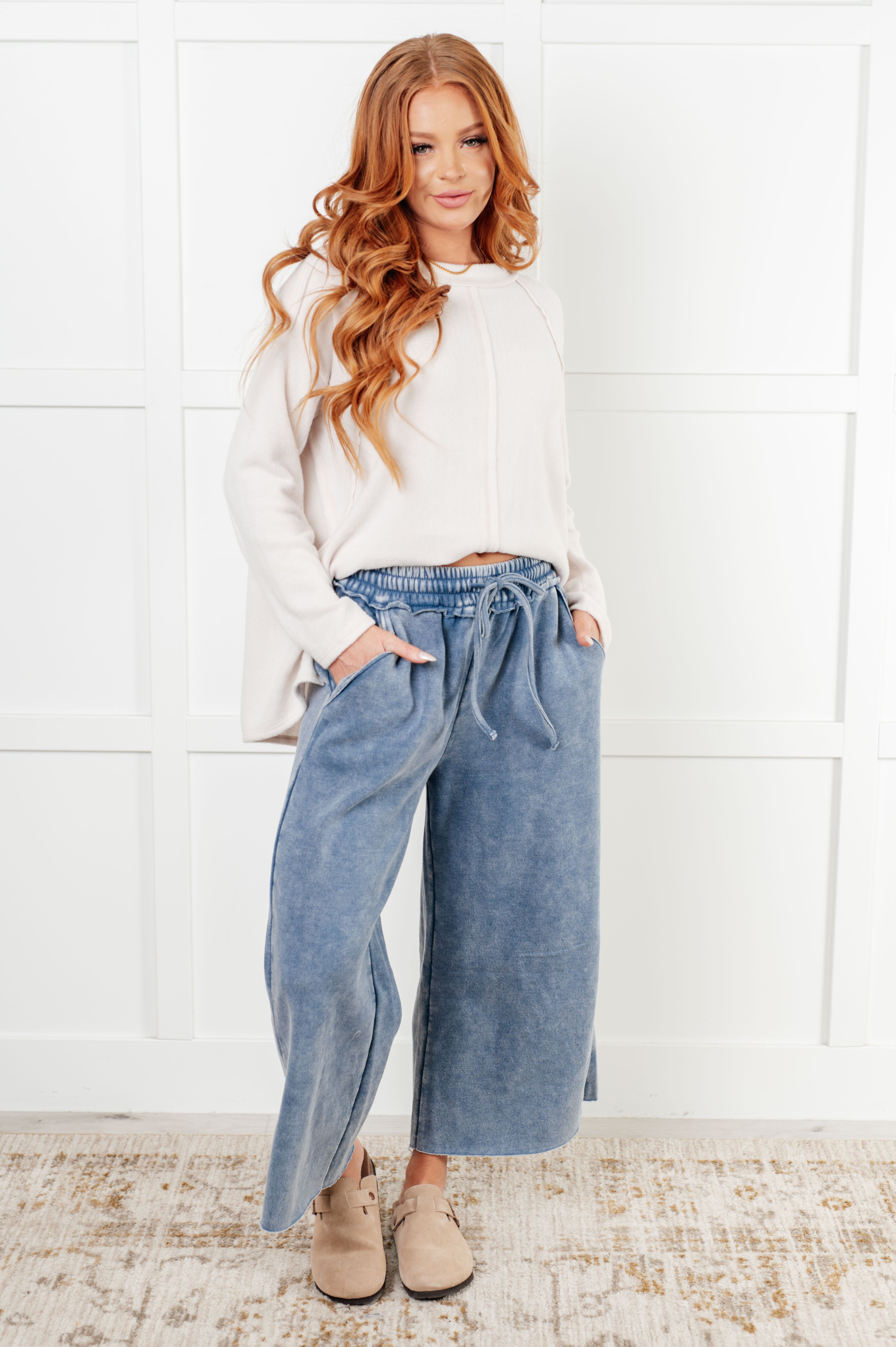 Zenana In or Out Mineral Washed Wide Leg Cropped Pants in Dusty Blue Pants