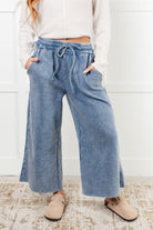 Zenana In or Out Mineral Washed Wide Leg Cropped Pants in Dusty Blue Pants