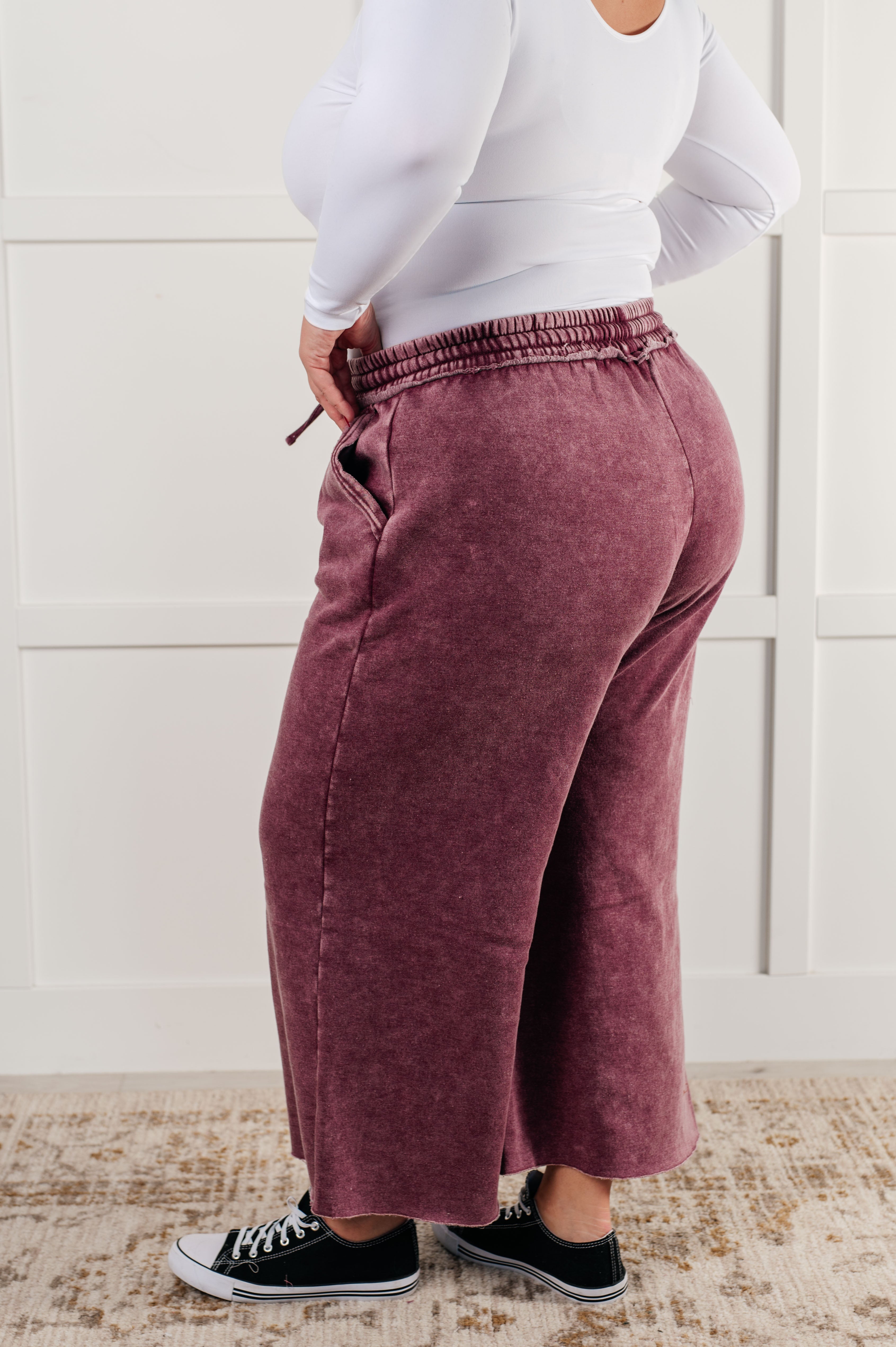 Zenana In or Out Mineral Washed Wide Leg Cropped Pants in Eggplant Pants