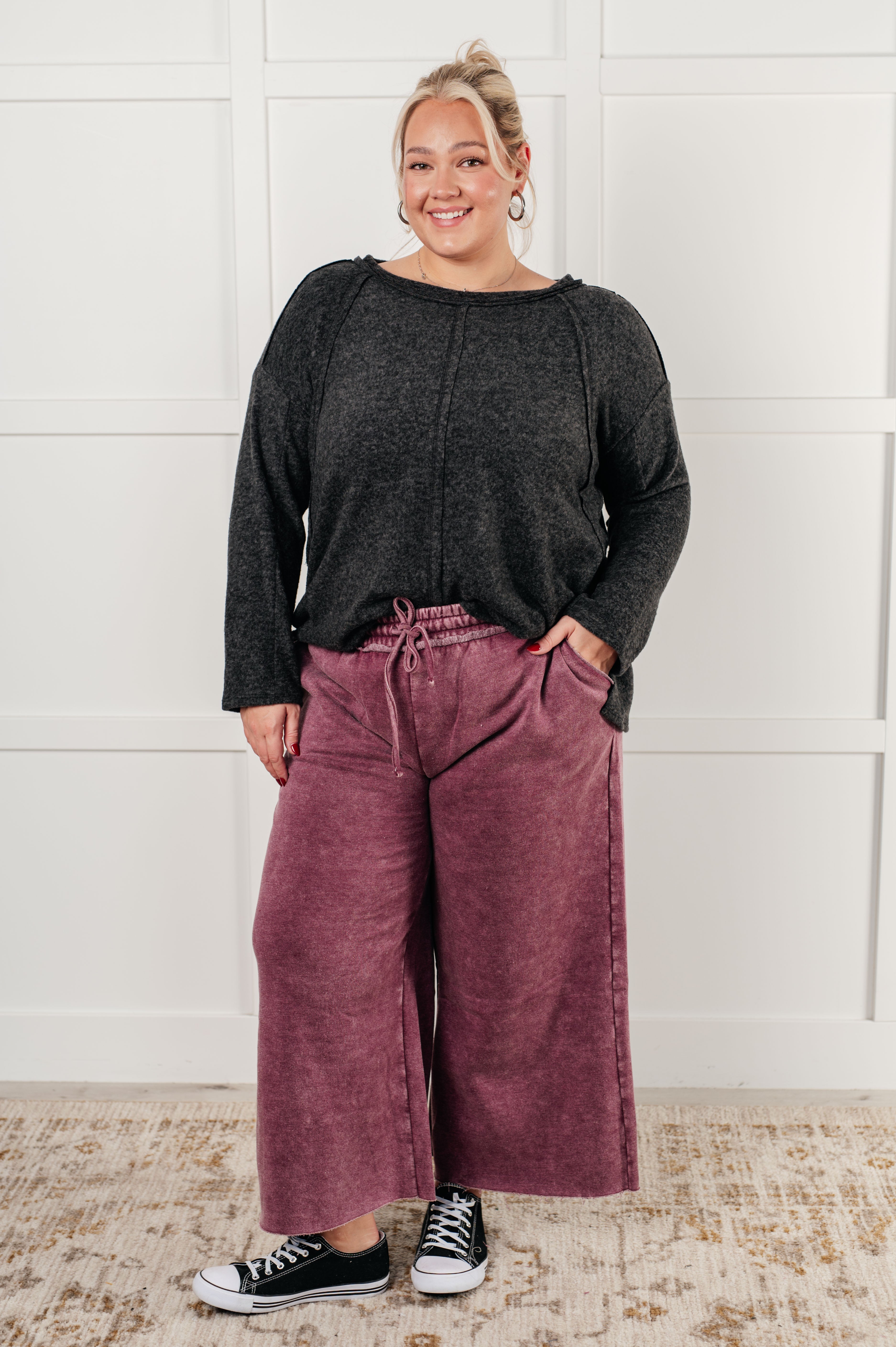 Zenana In or Out Mineral Washed Wide Leg Cropped Pants in Eggplant Pants