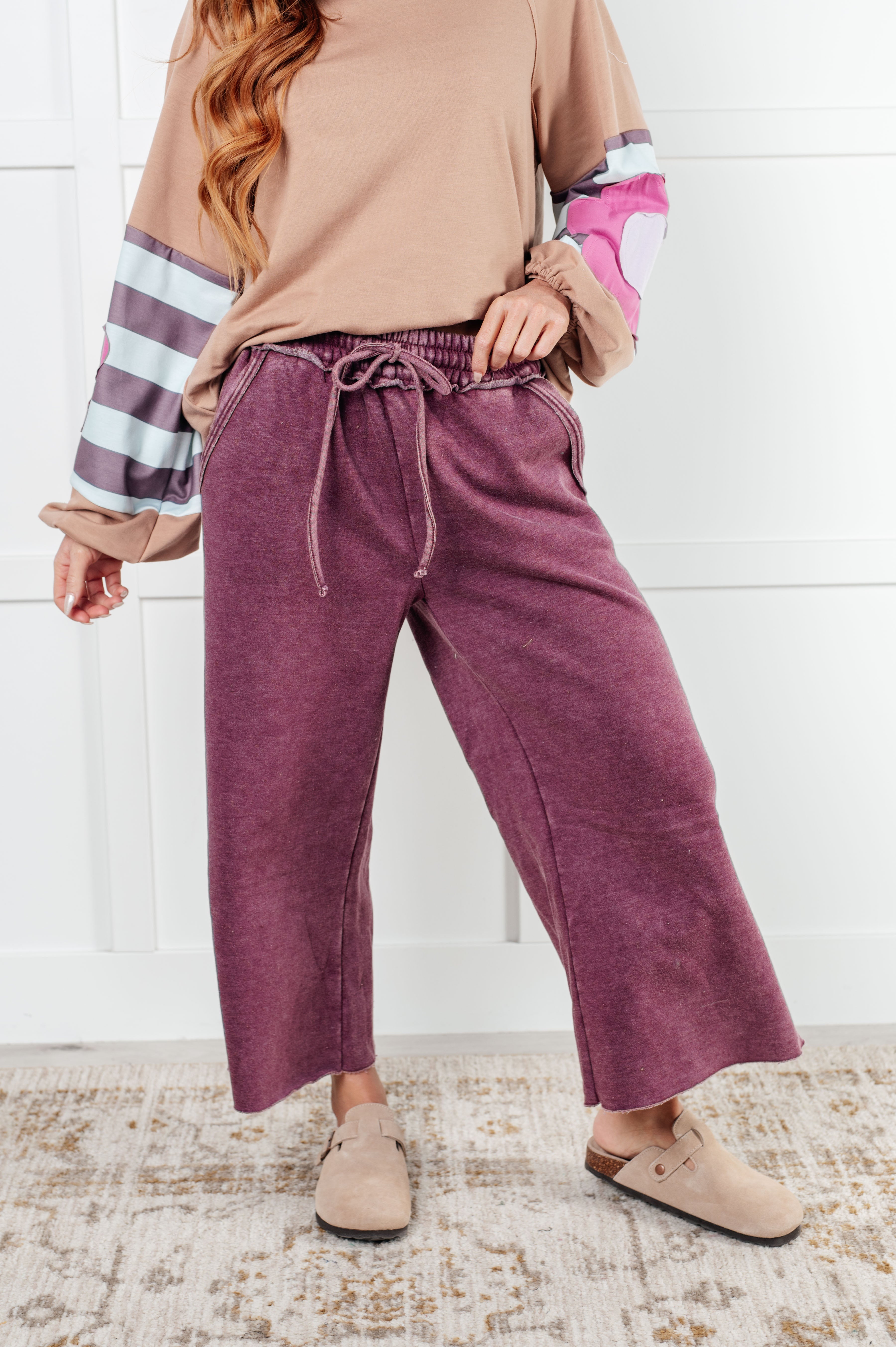 Zenana In or Out Mineral Washed Wide Leg Cropped Pants in Eggplant Pants