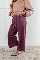 Zenana In or Out Mineral Washed Wide Leg Cropped Pants in Eggplant Pants