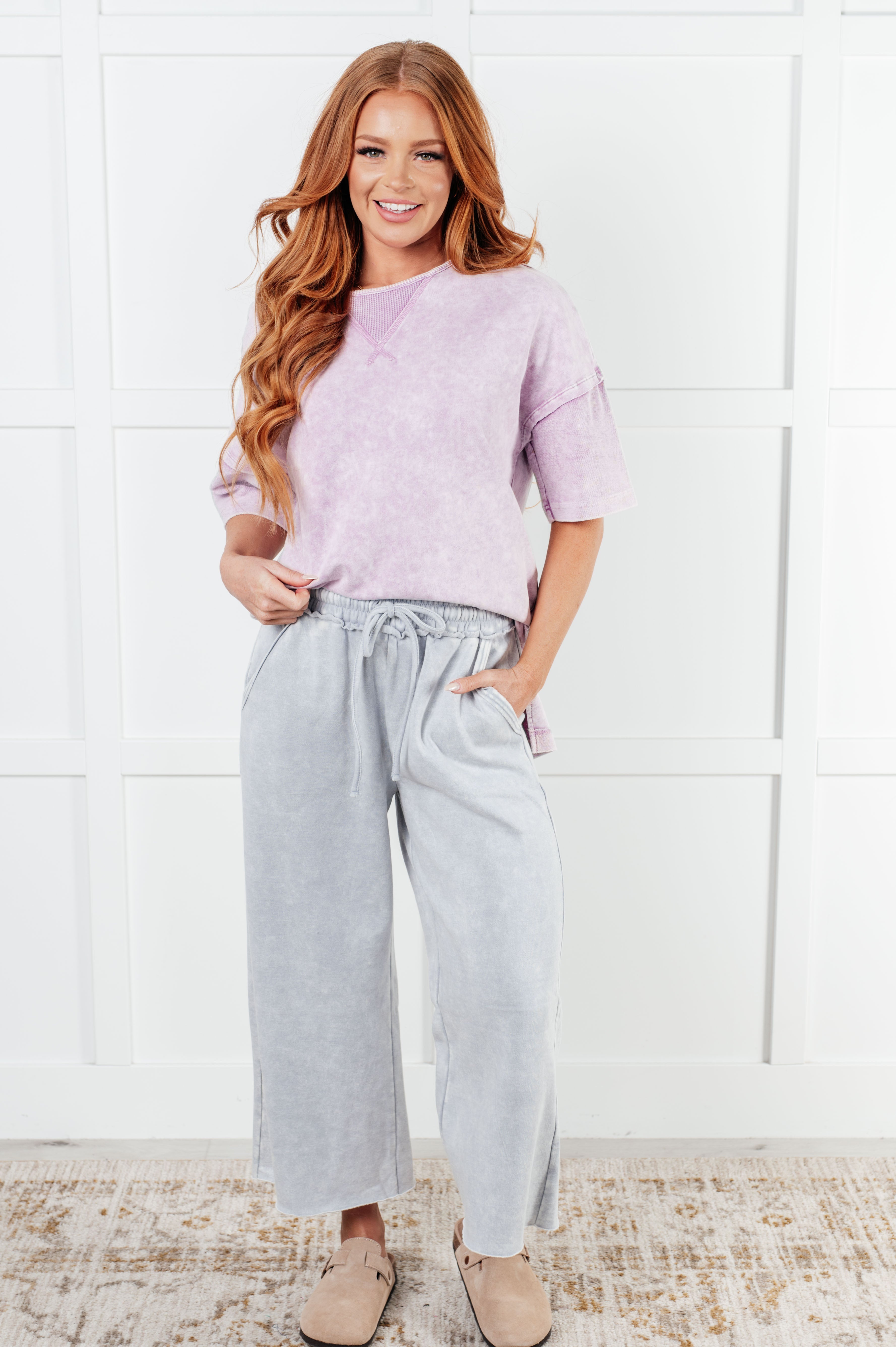 Zenana In or Out Mineral Washed Wide Leg Cropped Pants in Light Grey Mineral Washed Pants