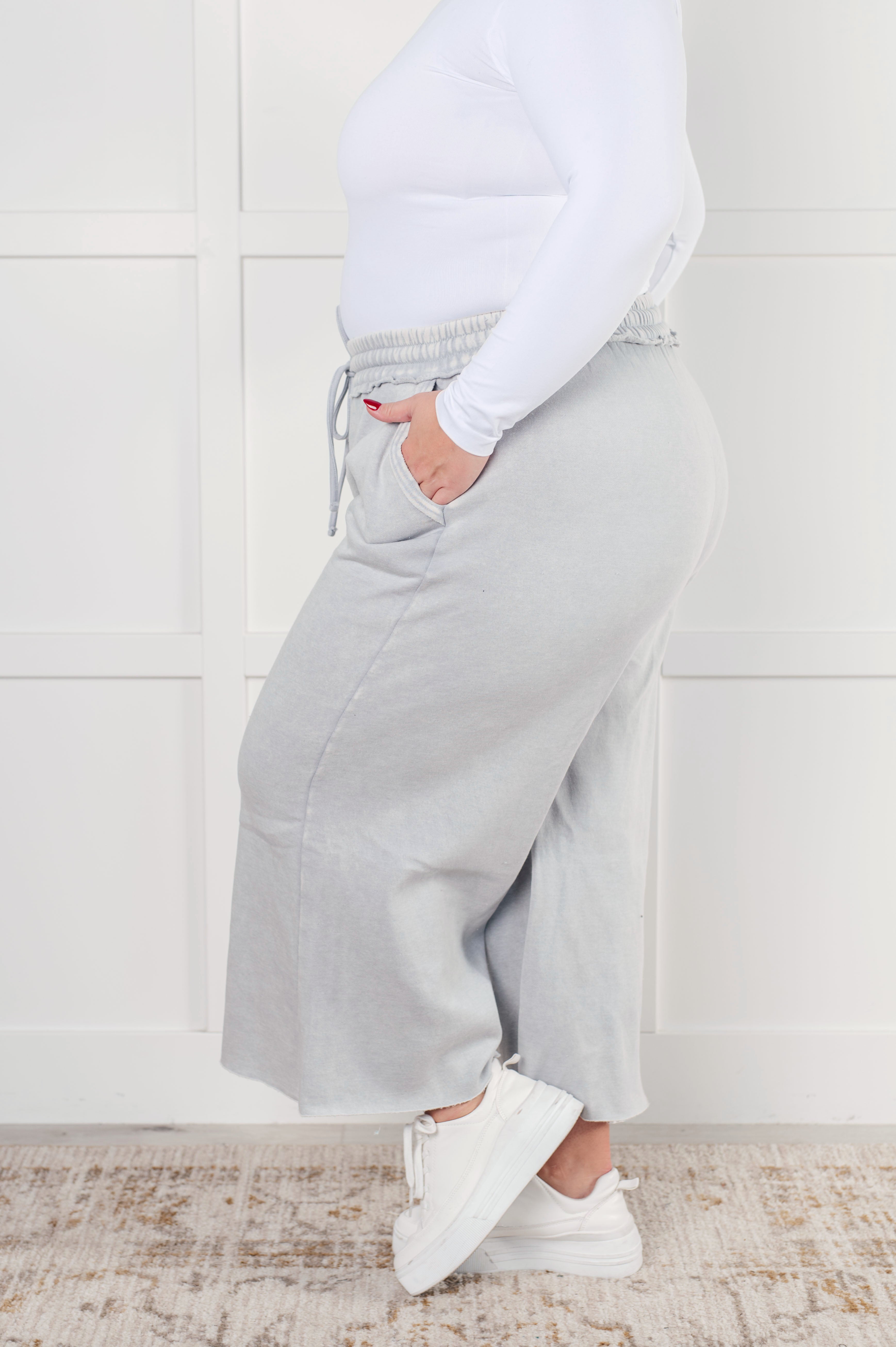 Zenana In or Out Mineral Washed Wide Leg Cropped Pants in Light Grey Mineral Washed Pants