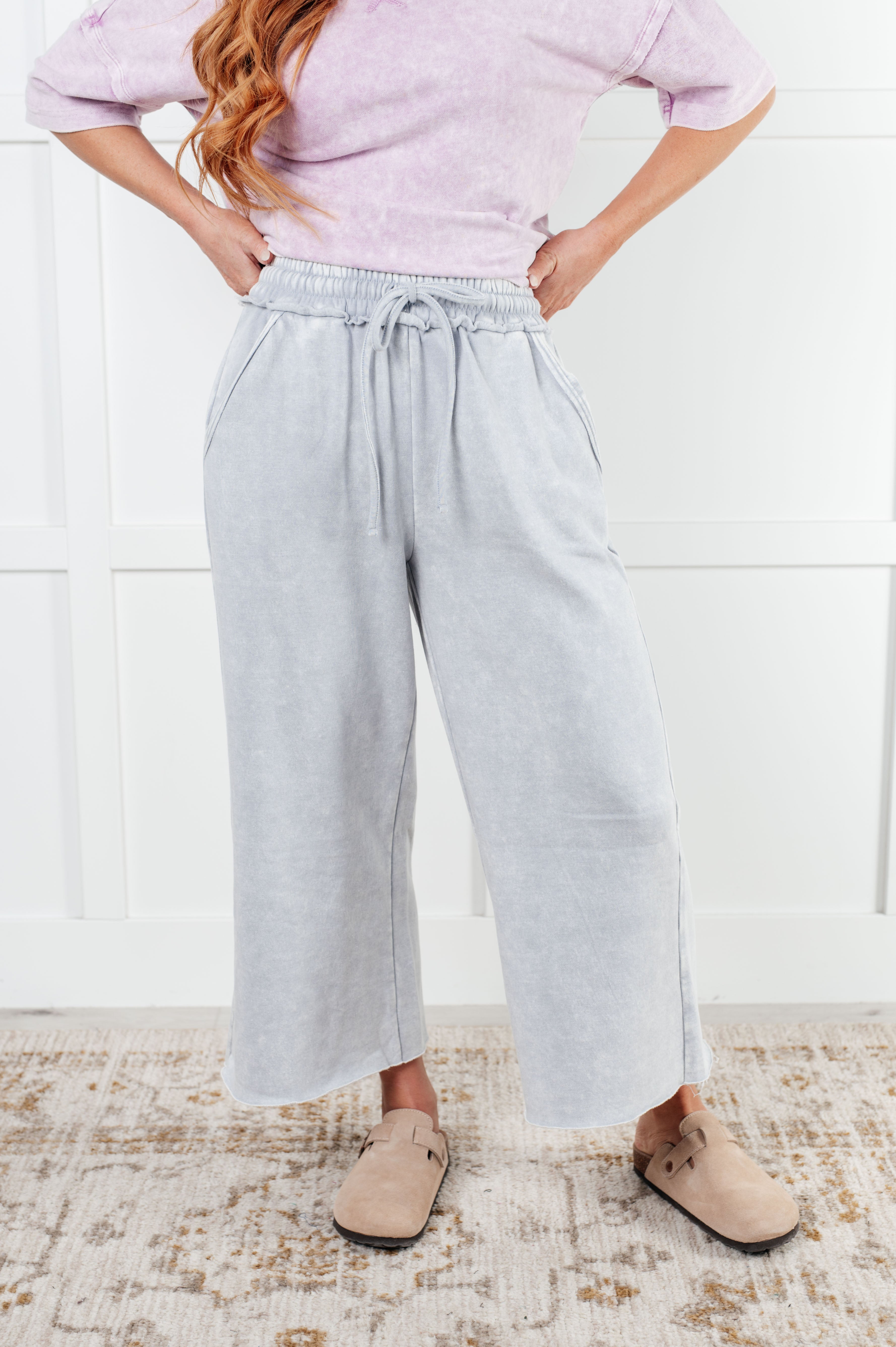 Zenana In or Out Mineral Washed Wide Leg Cropped Pants in Light Grey Mineral Washed Pants