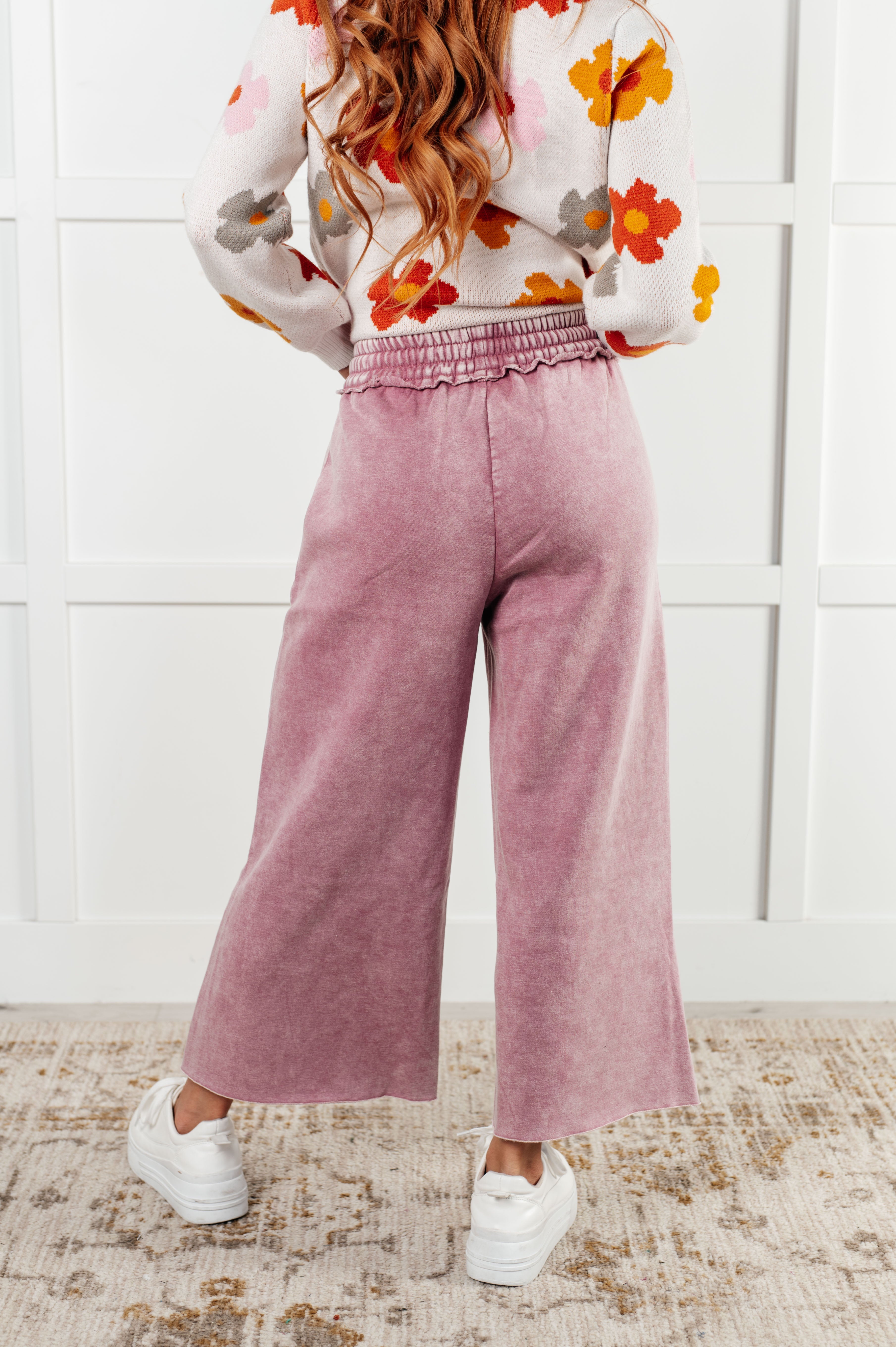 Zenana In or Out Mineral Washed Wide Leg Cropped Pants in Light Rose Pants