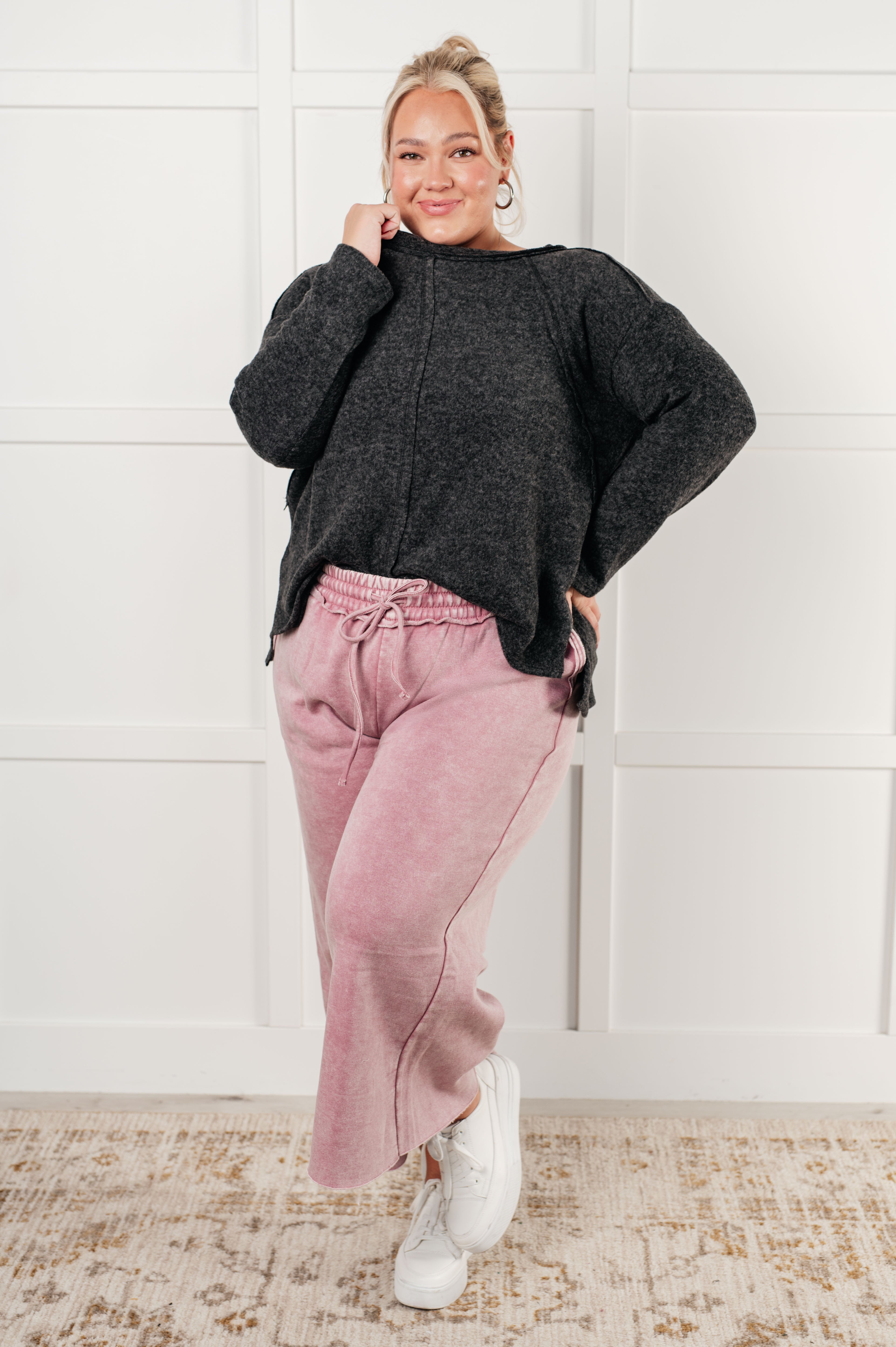 Zenana In or Out Mineral Washed Wide Leg Cropped Pants in Light Rose Pants