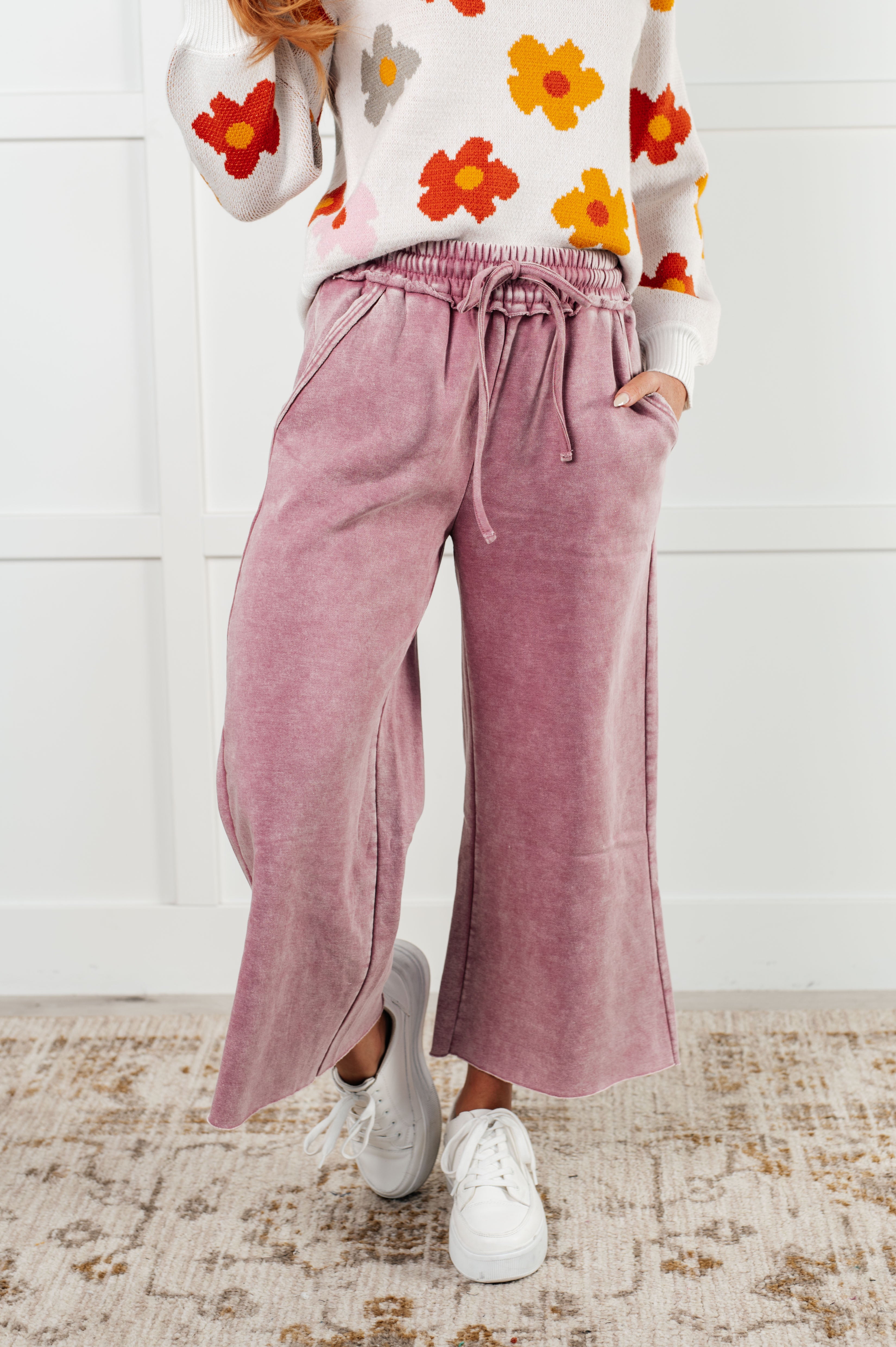 Zenana In or Out Mineral Washed Wide Leg Cropped Pants in Light Rose Pants