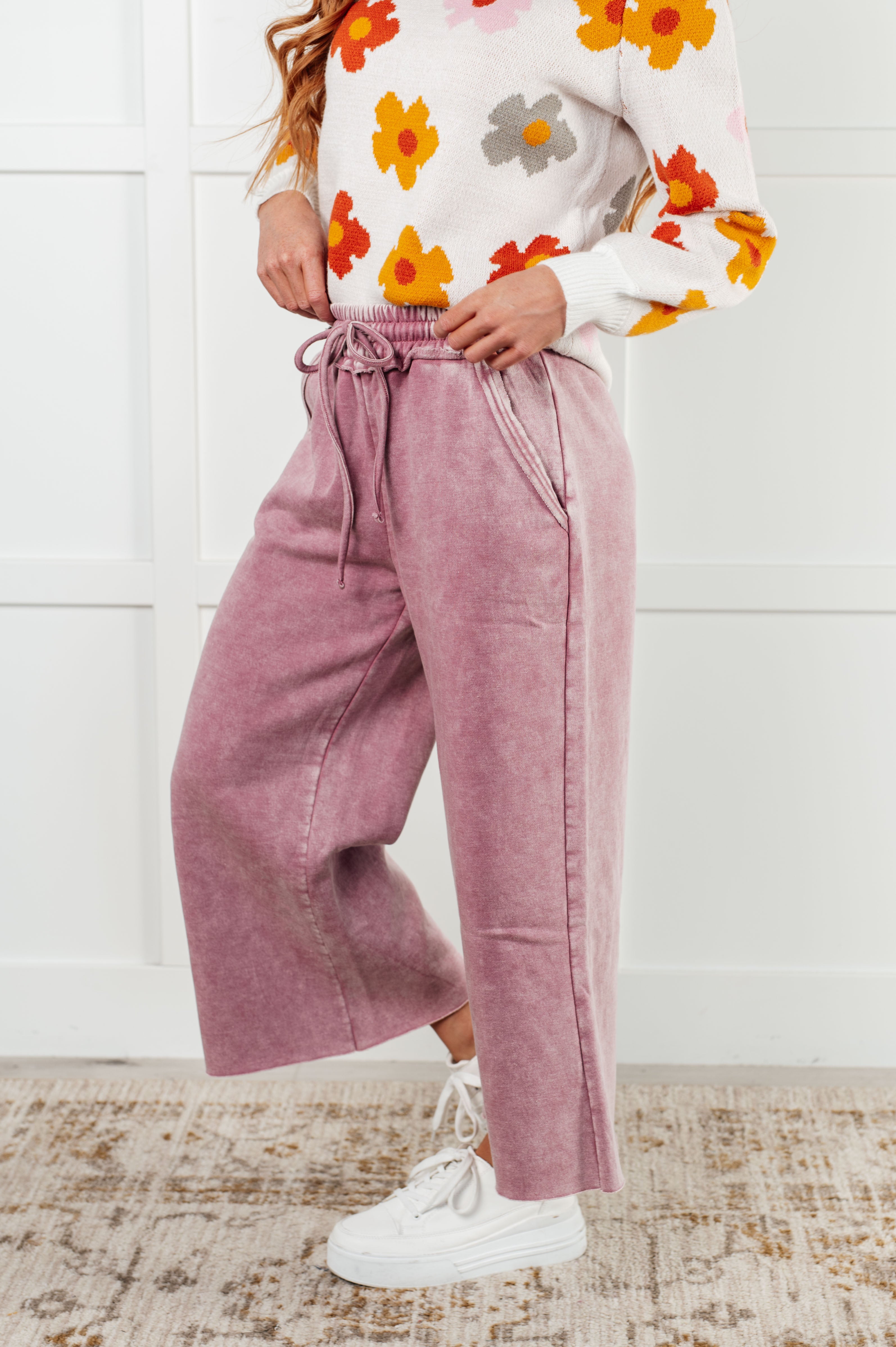 Zenana In or Out Mineral Washed Wide Leg Cropped Pants in Light Rose Pants