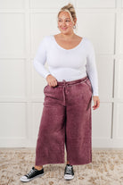 Zenana In or Out Mineral Washed Wide Leg Cropped Pants in Eggplant Pants