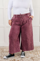 Zenana In or Out Mineral Washed Wide Leg Cropped Pants in Eggplant Pants