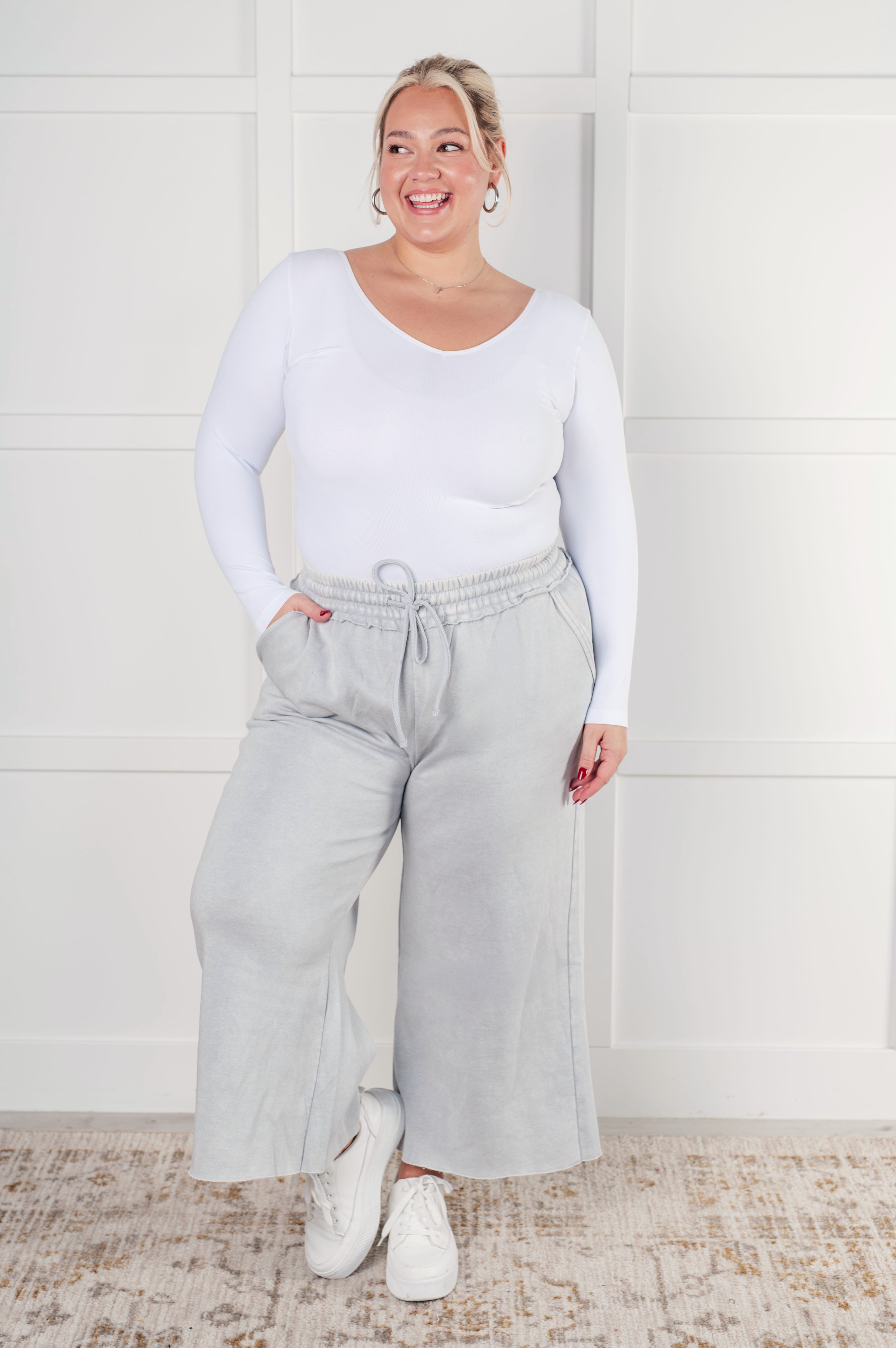 Zenana In or Out Mineral Washed Wide Leg Cropped Pants in Light Grey Mineral Washed Pants