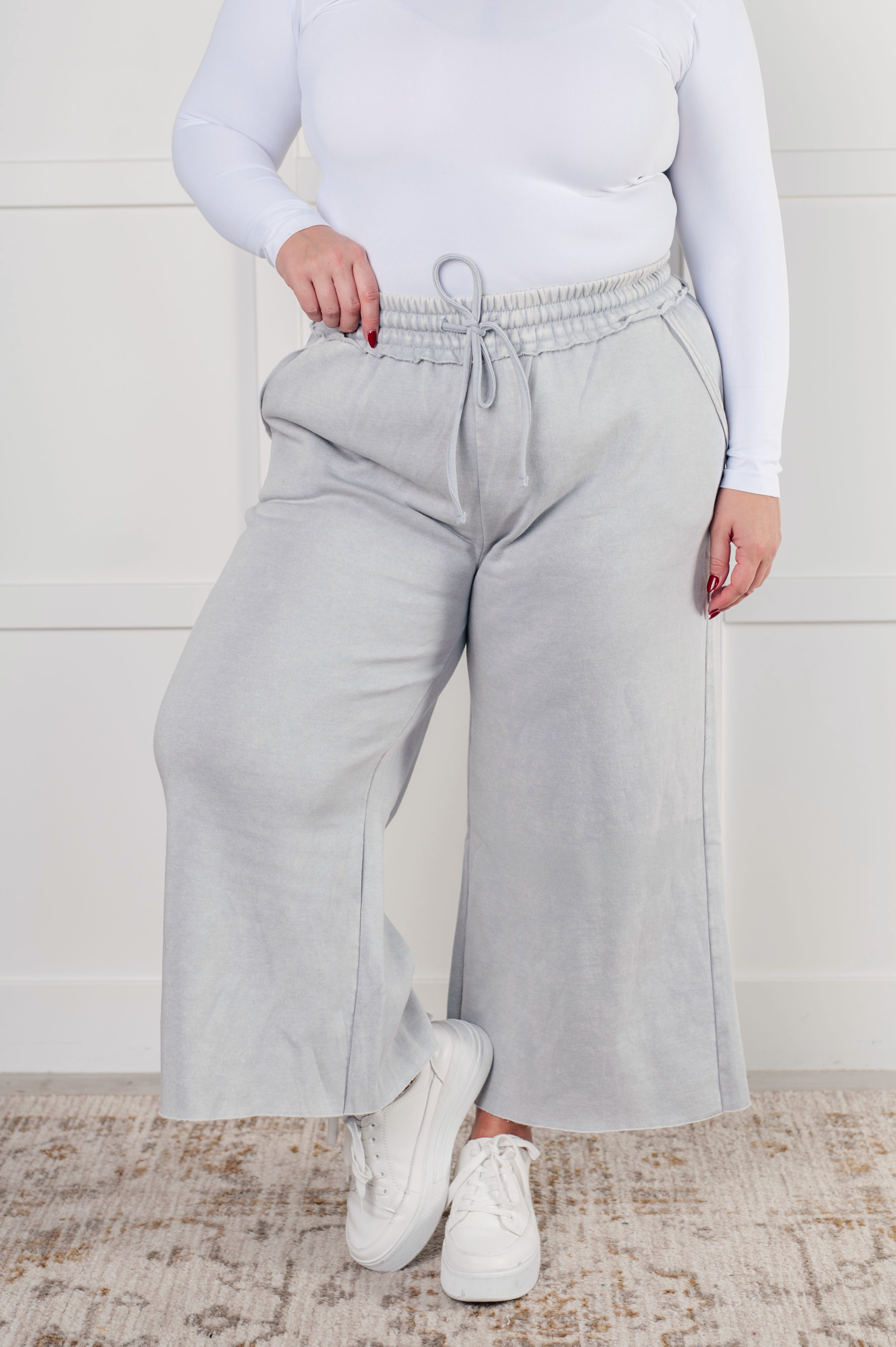 Zenana In or Out Mineral Washed Wide Leg Cropped Pants in Light Grey Mineral Washed Pants