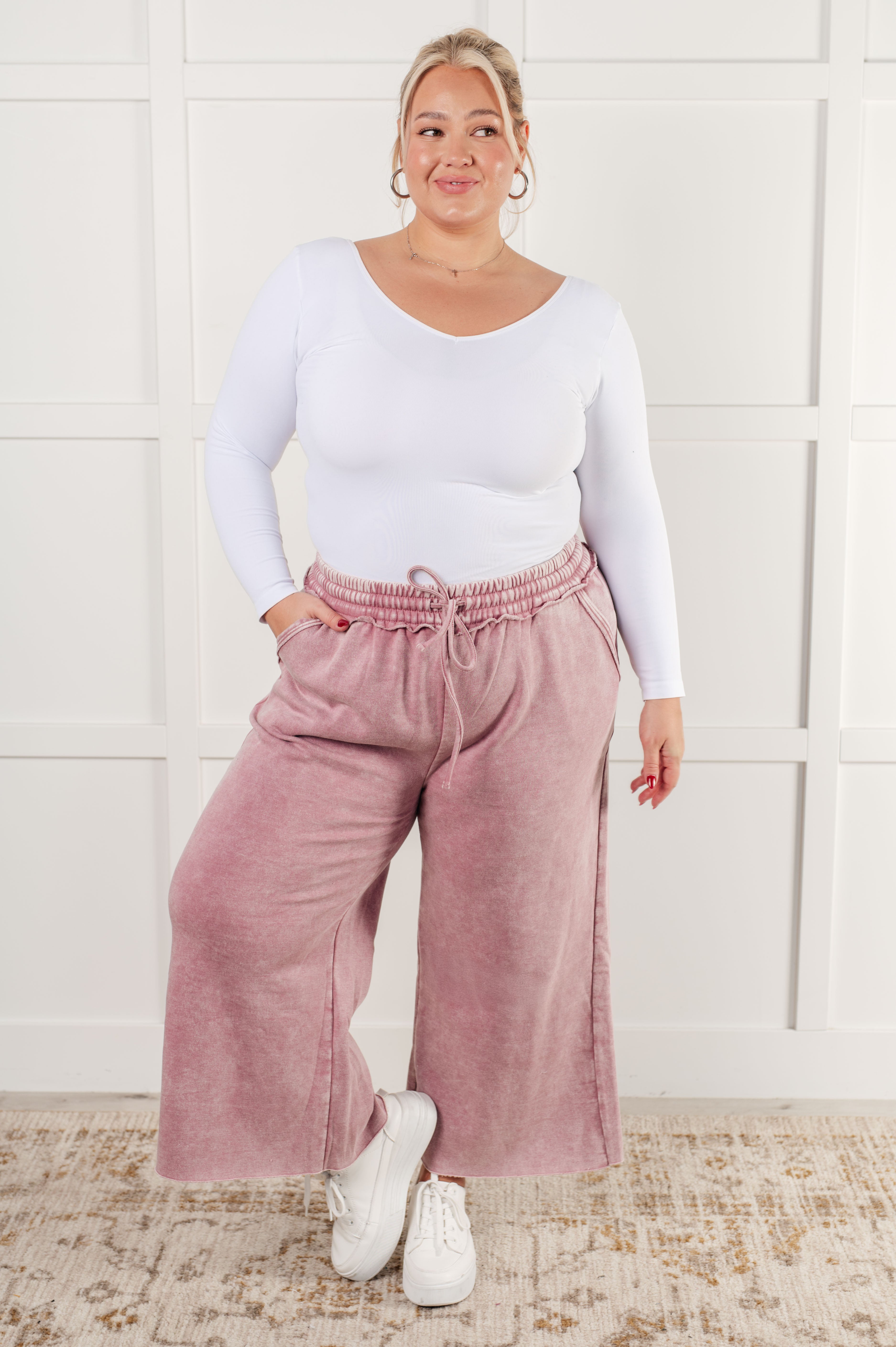 Zenana In or Out Mineral Washed Wide Leg Cropped Pants in Light Rose Pants