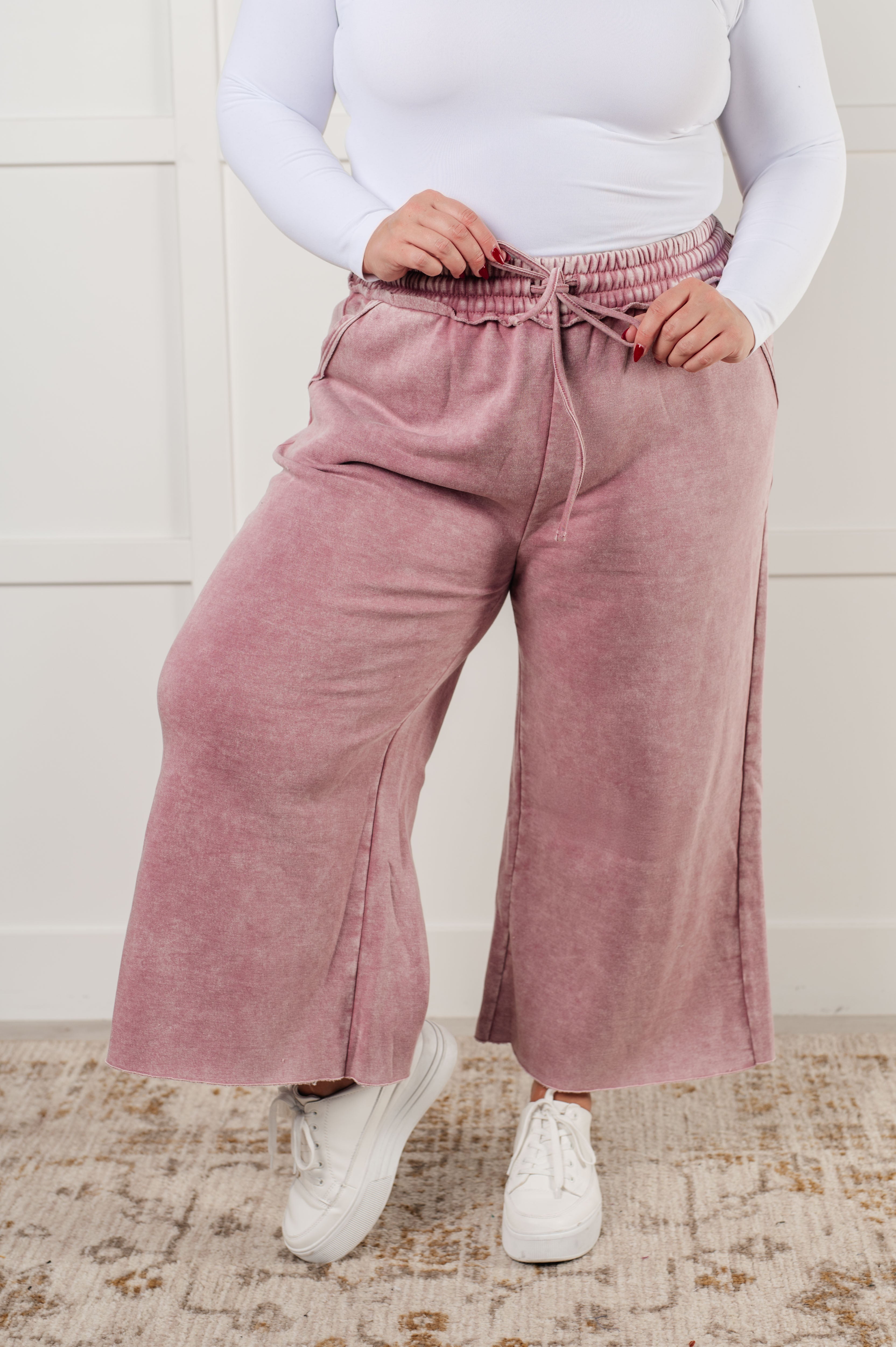 Zenana In or Out Mineral Washed Wide Leg Cropped Pants in Light Rose Pants