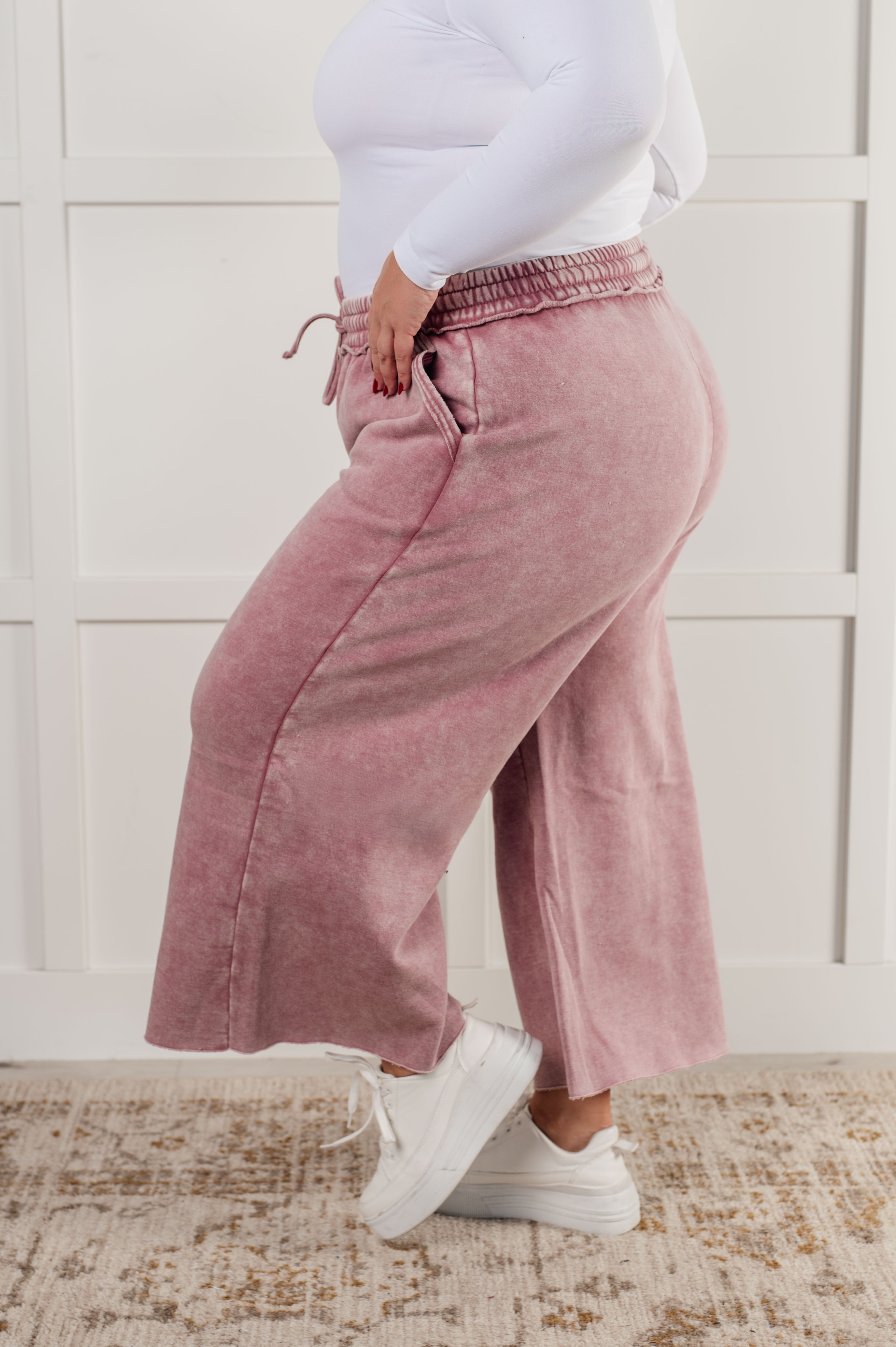 Zenana In or Out Mineral Washed Wide Leg Cropped Pants in Light Rose Pants