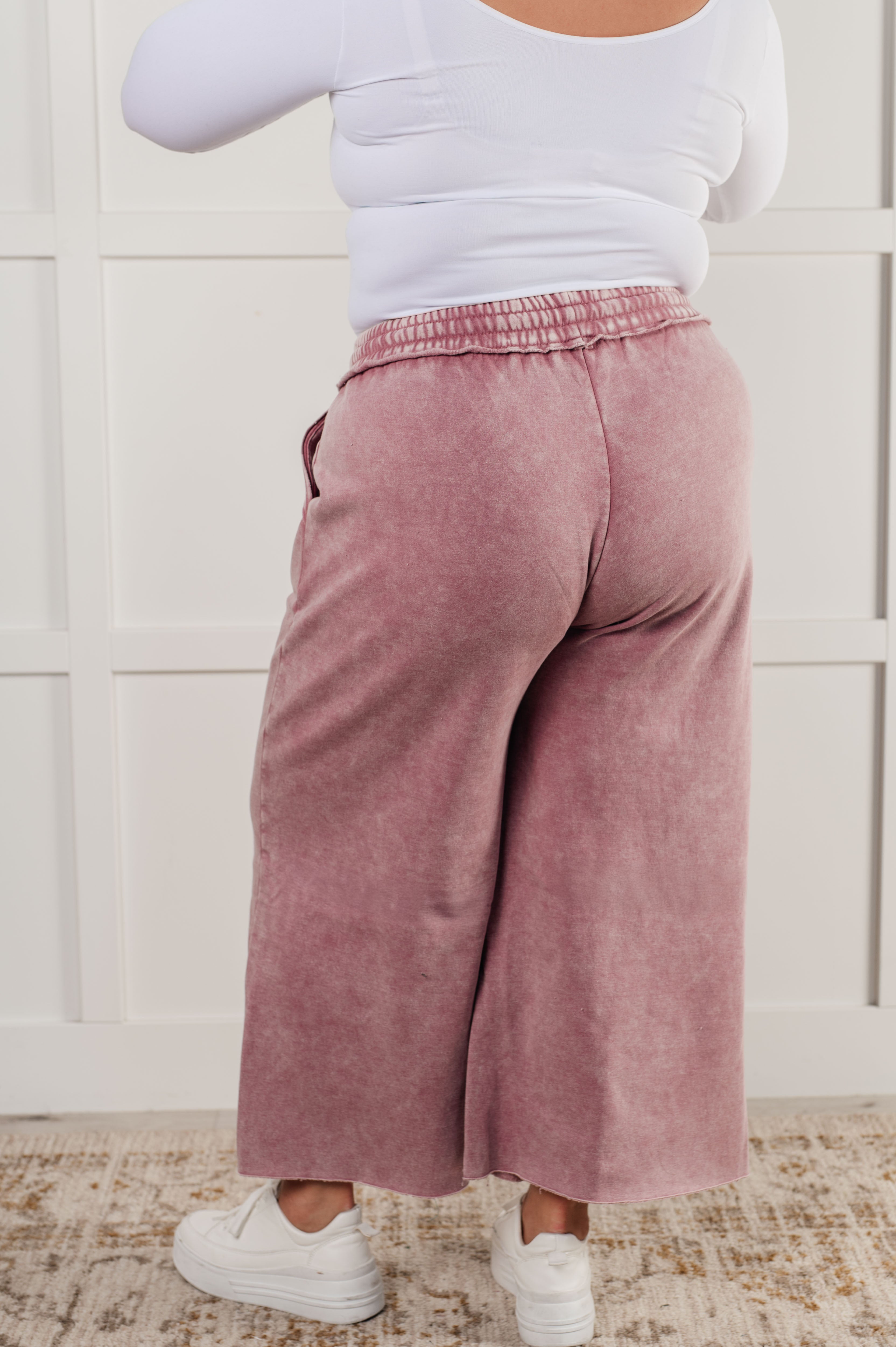 Zenana In or Out Mineral Washed Wide Leg Cropped Pants in Light Rose Pants