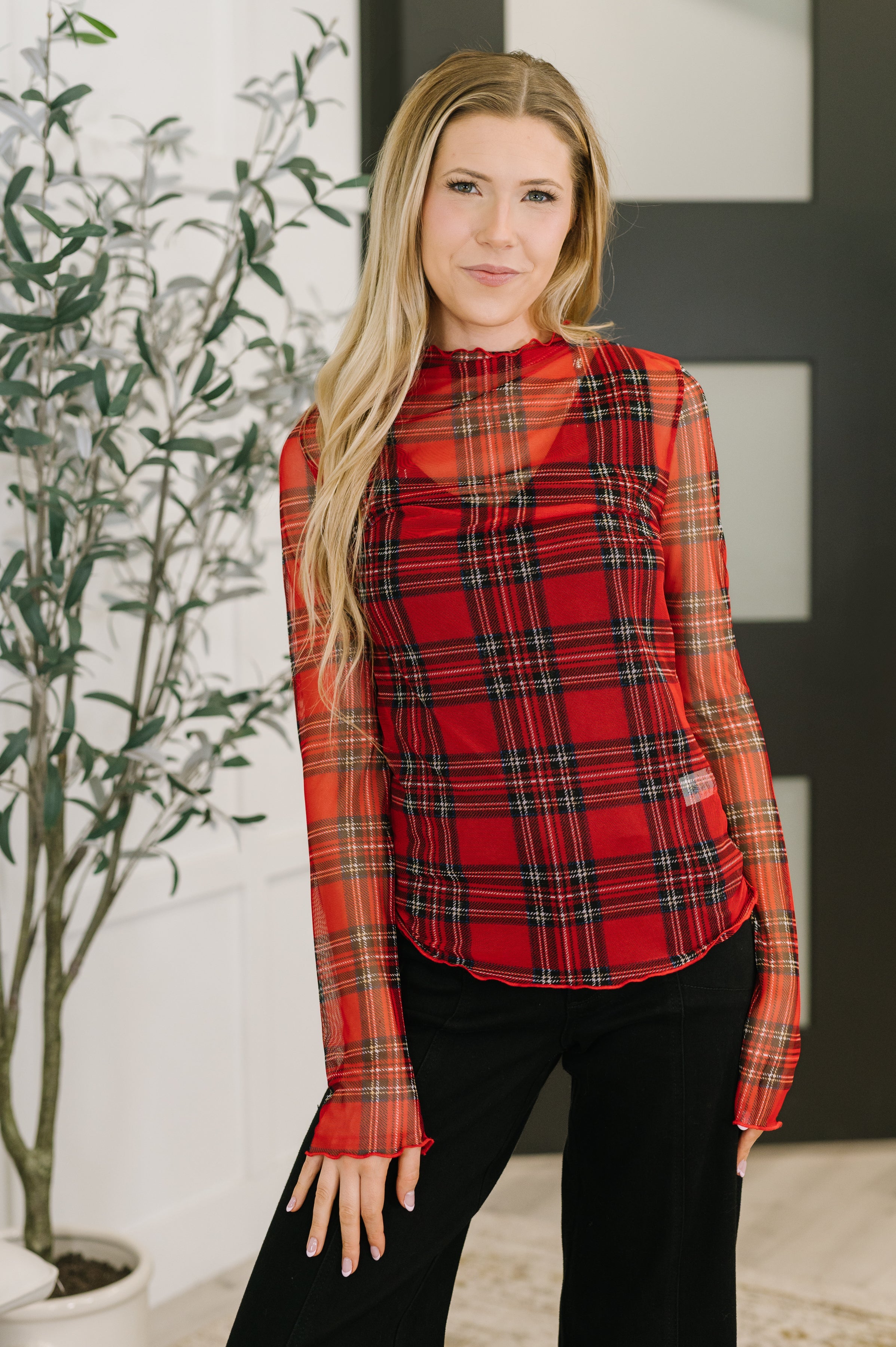 Haptics In the Present Plaid Mesh Layering Top in Red Womens