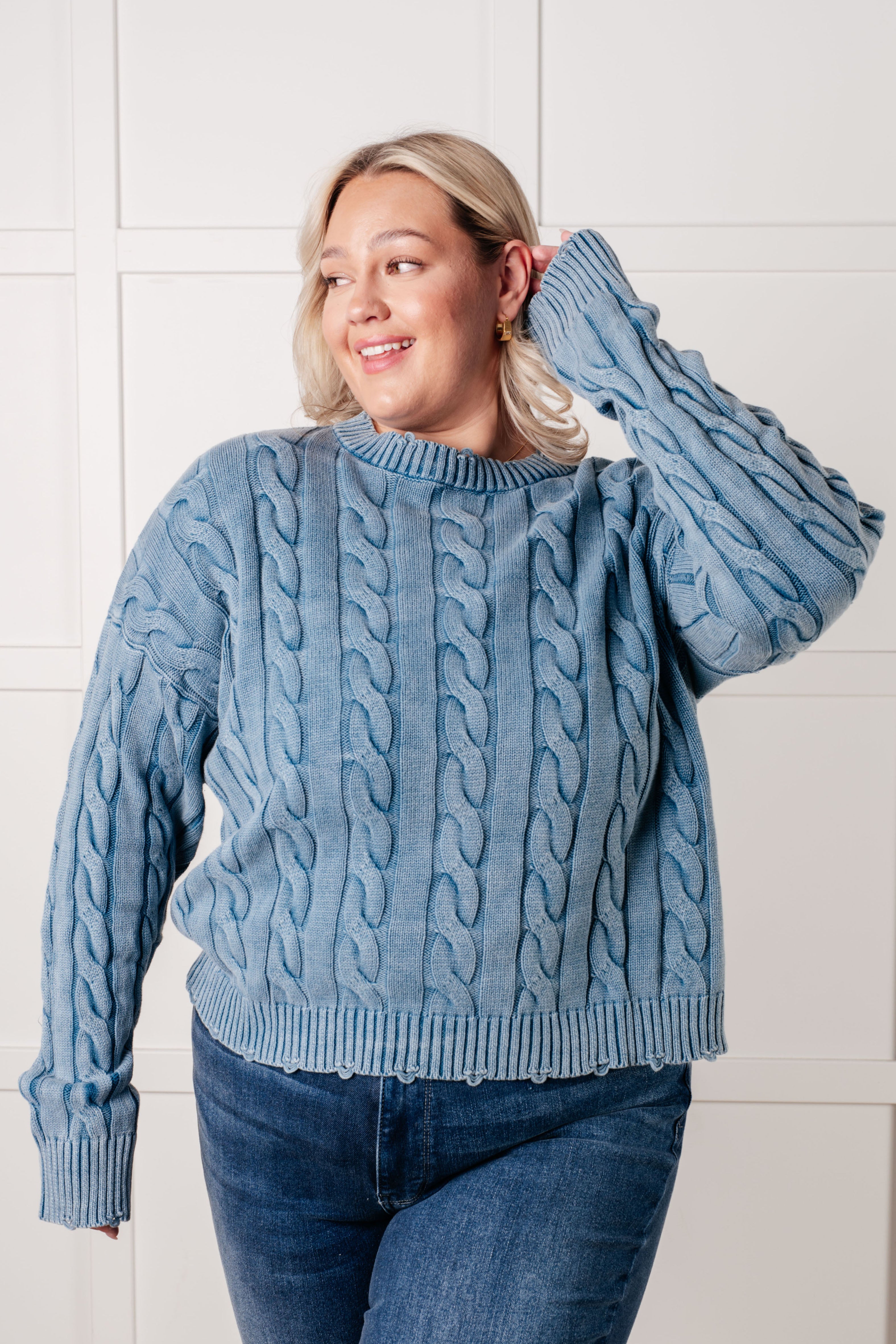 7th Ray In the Right Direction Blue Cable Knit Sweater Tops