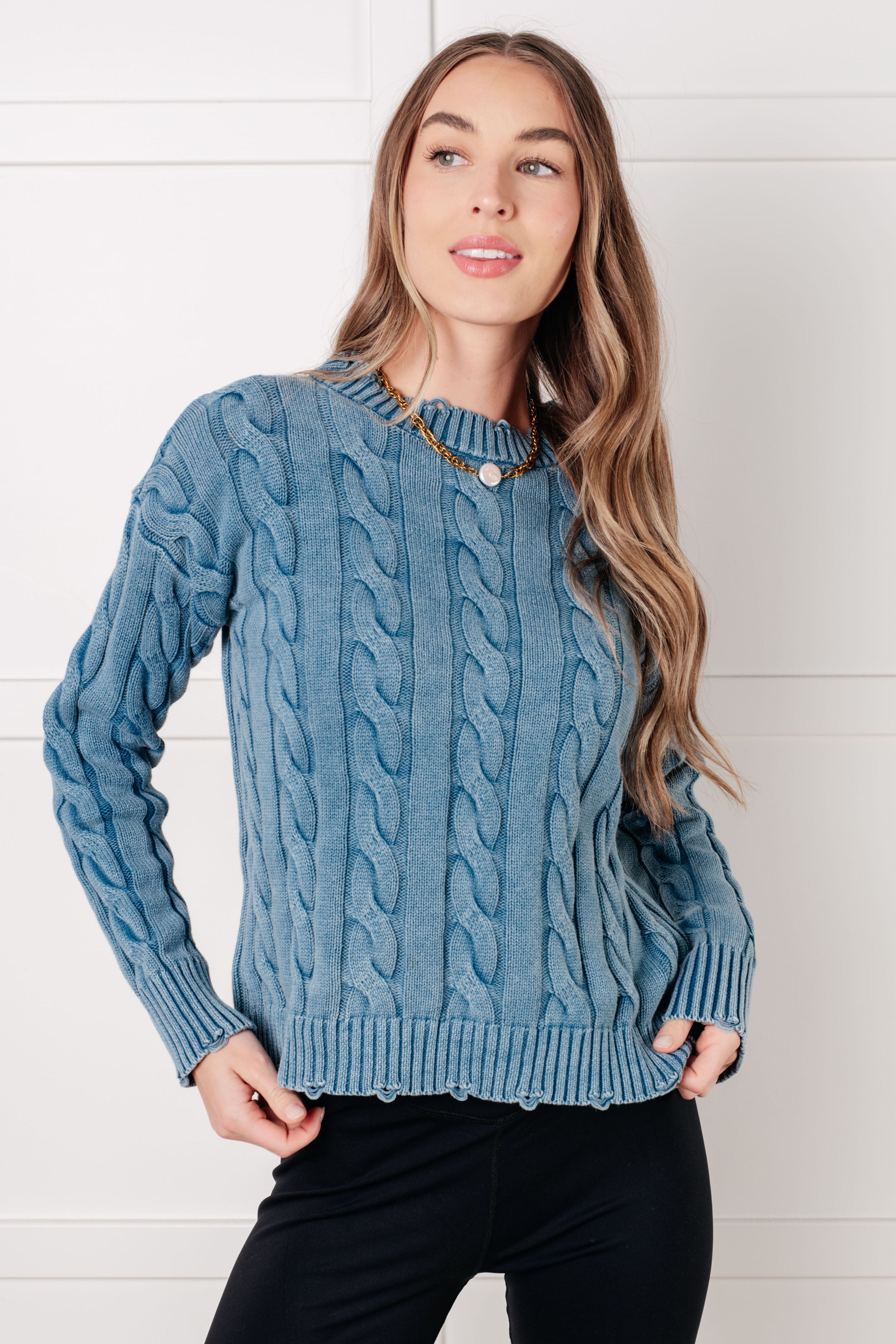 7th Ray In the Right Direction Blue Cable Knit Sweater Tops