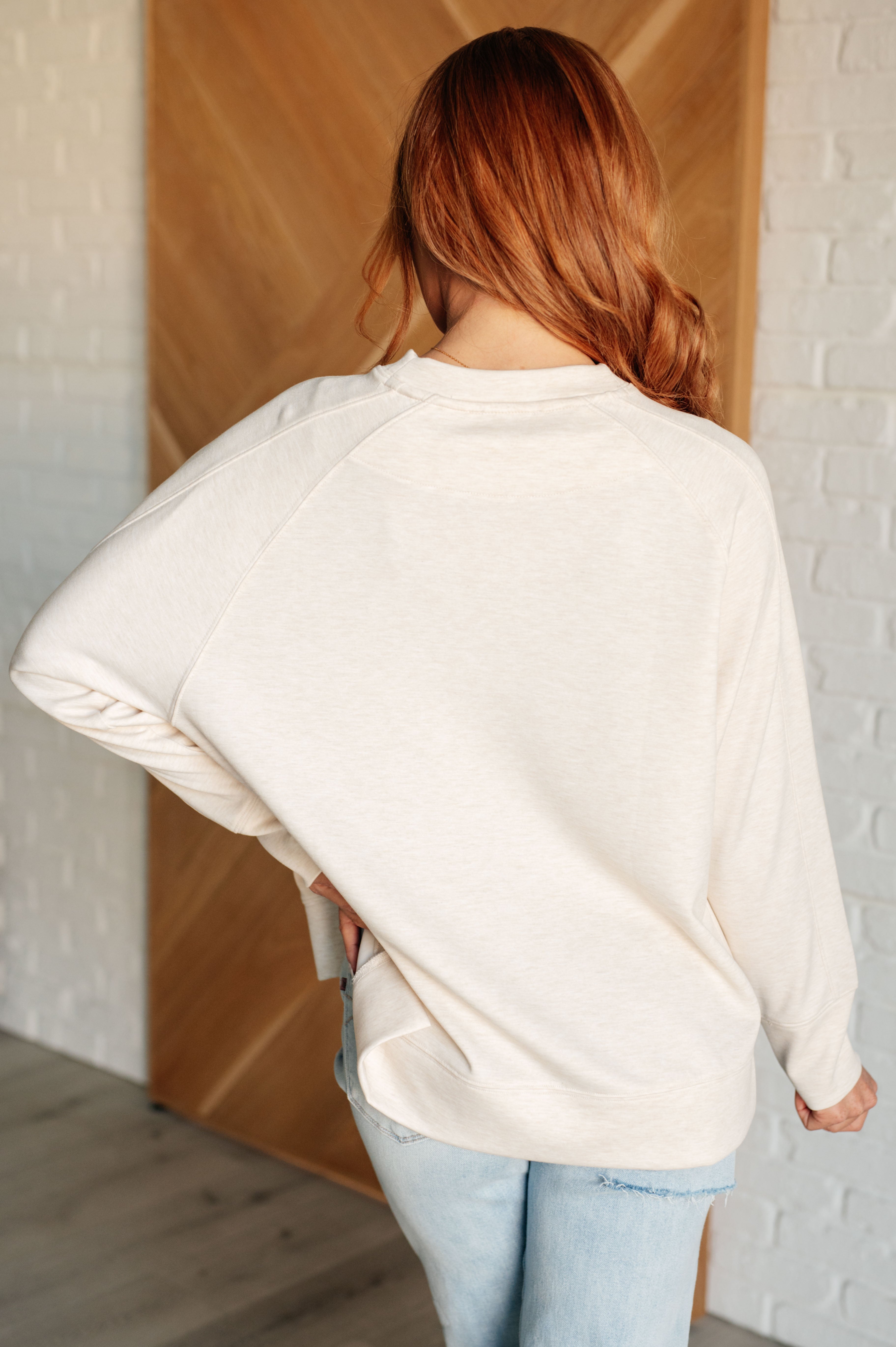 Zenana It's The Little Things Relaxed Scuba Pullover in Beige Shirts & Tops