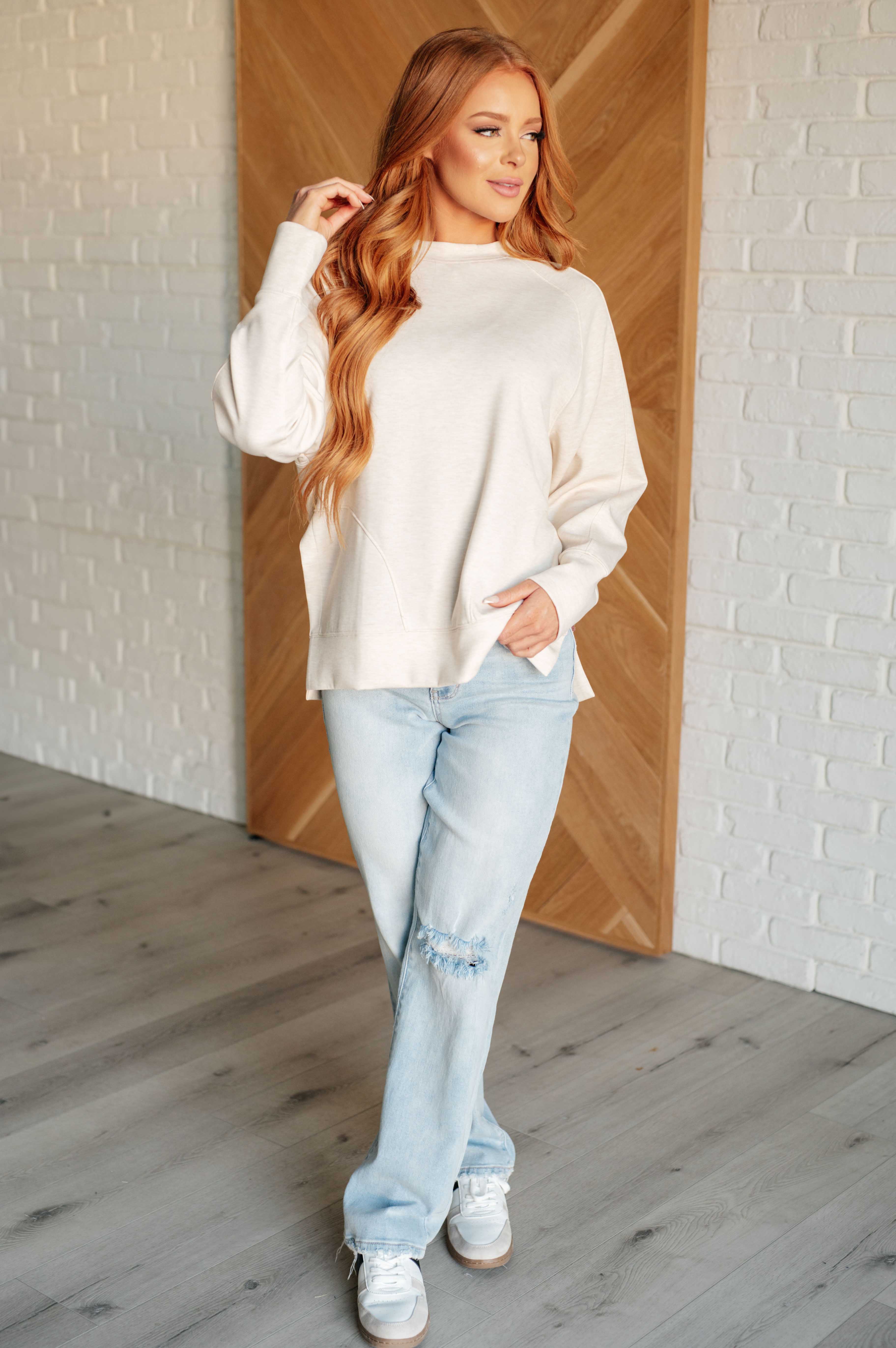 Zenana It's The Little Things Relaxed Scuba Pullover in Beige Shirts & Tops