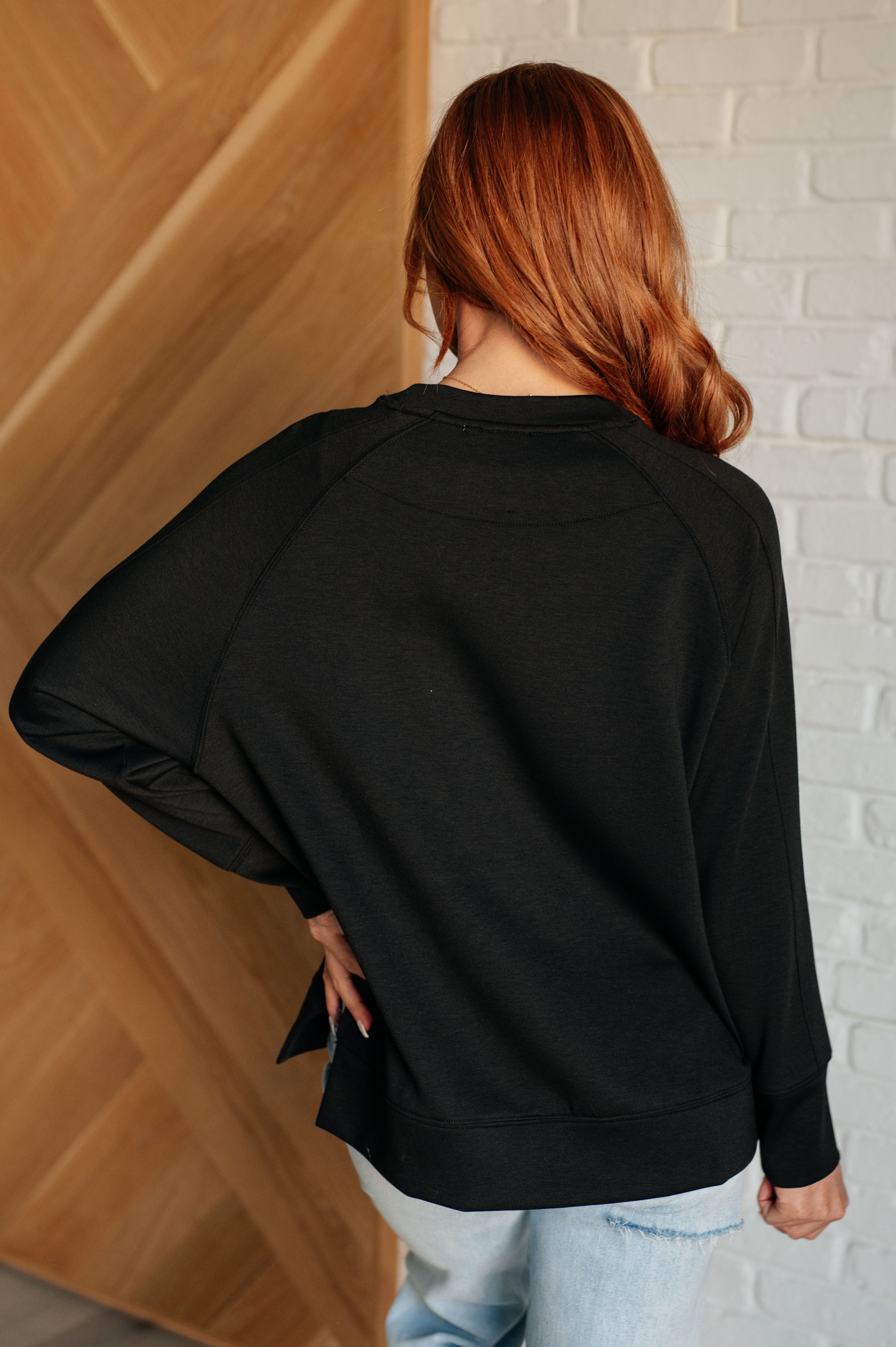 Zenana It's The Little Things Relaxed Scuba Pullover in Black Shirts & Tops