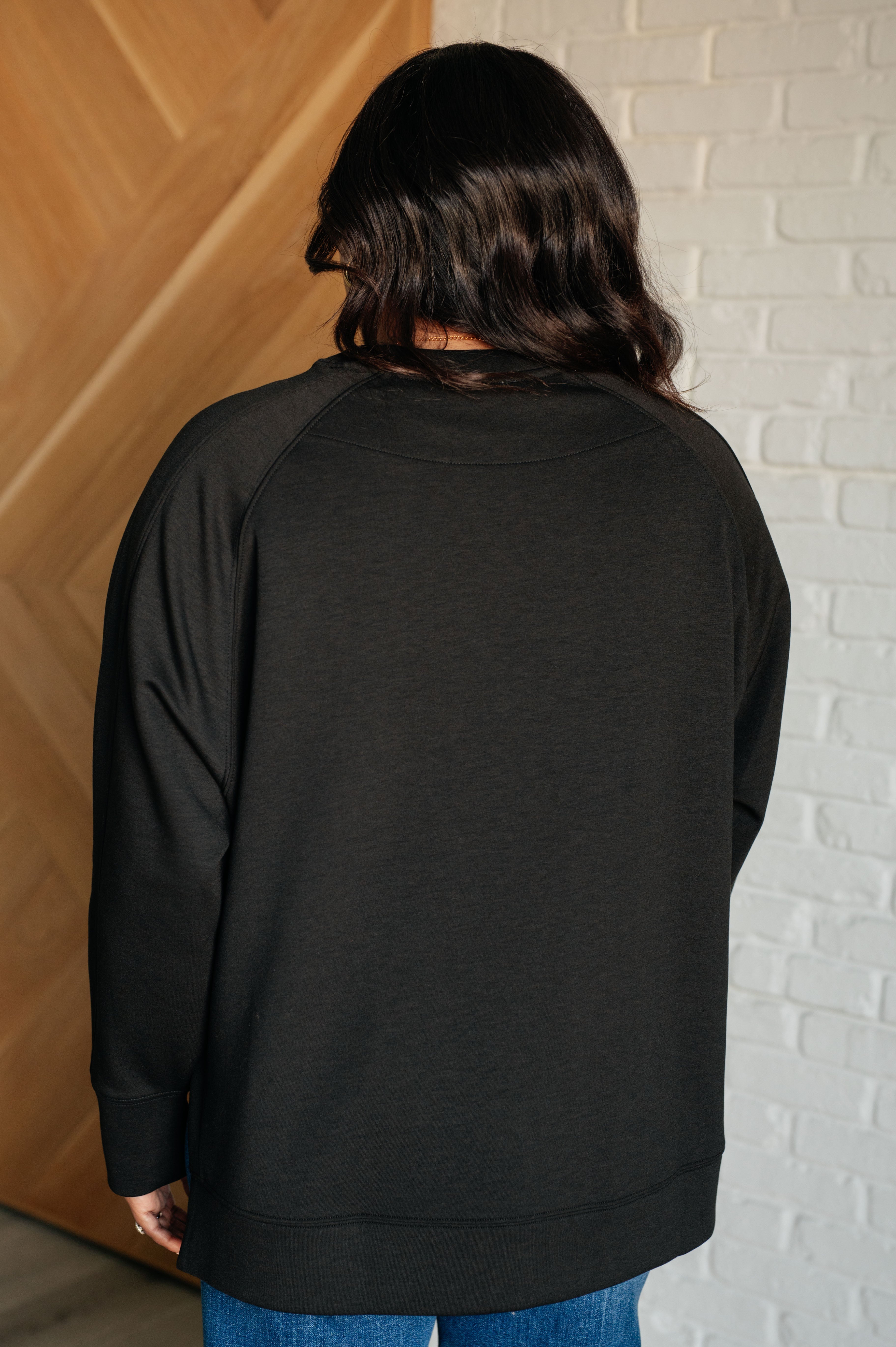 Zenana It's The Little Things Relaxed Scuba Pullover in Black Shirts & Tops