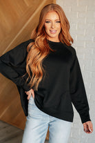 Zenana It's The Little Things Relaxed Scuba Pullover in Black Shirts & Tops