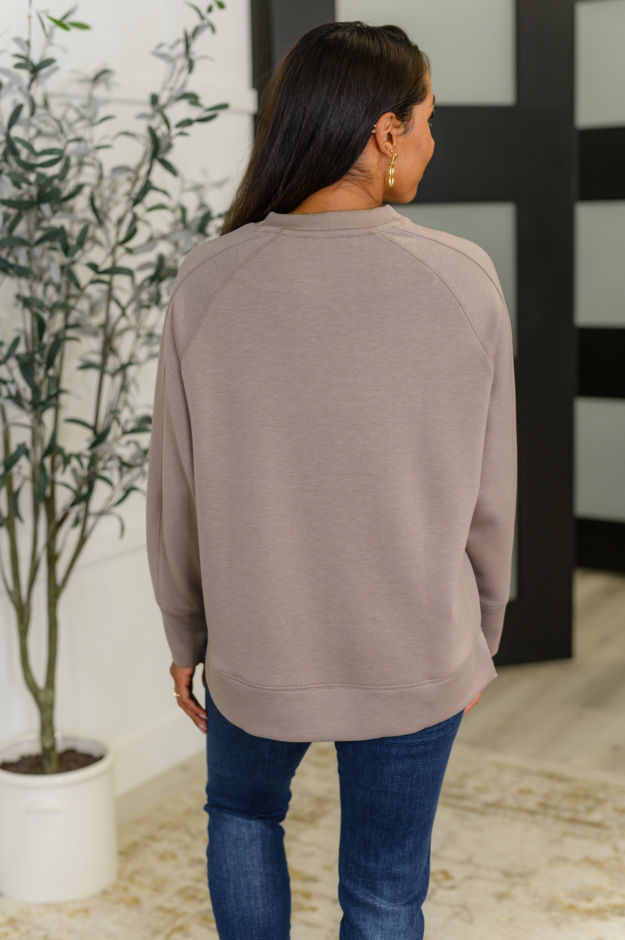 Zenana It's The Little Things Relaxed Scuba Pullover in Cocoa Womens