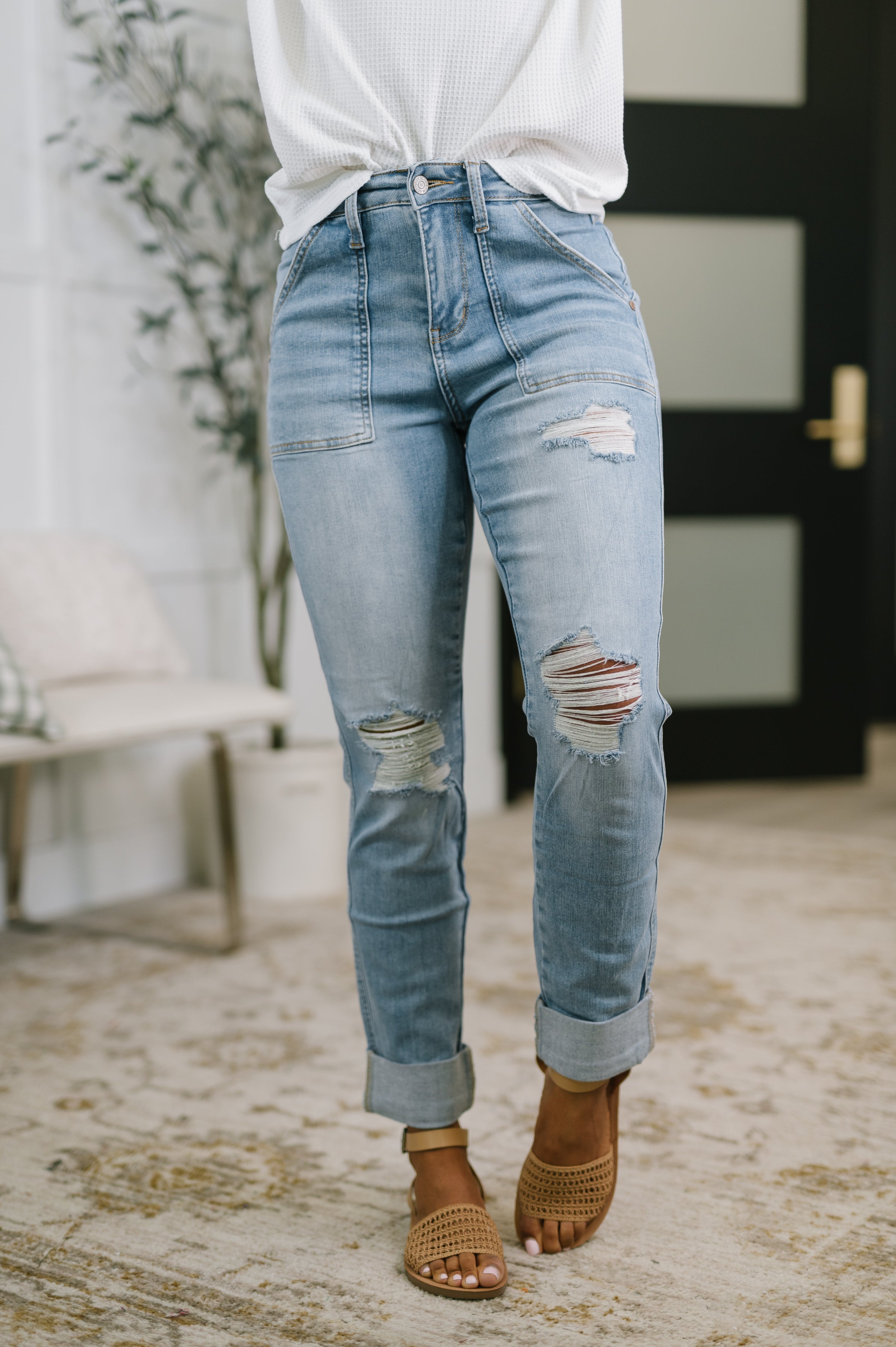 Aiden High Rise Patch Pocket Distressed Boyfriend Jeans Denim