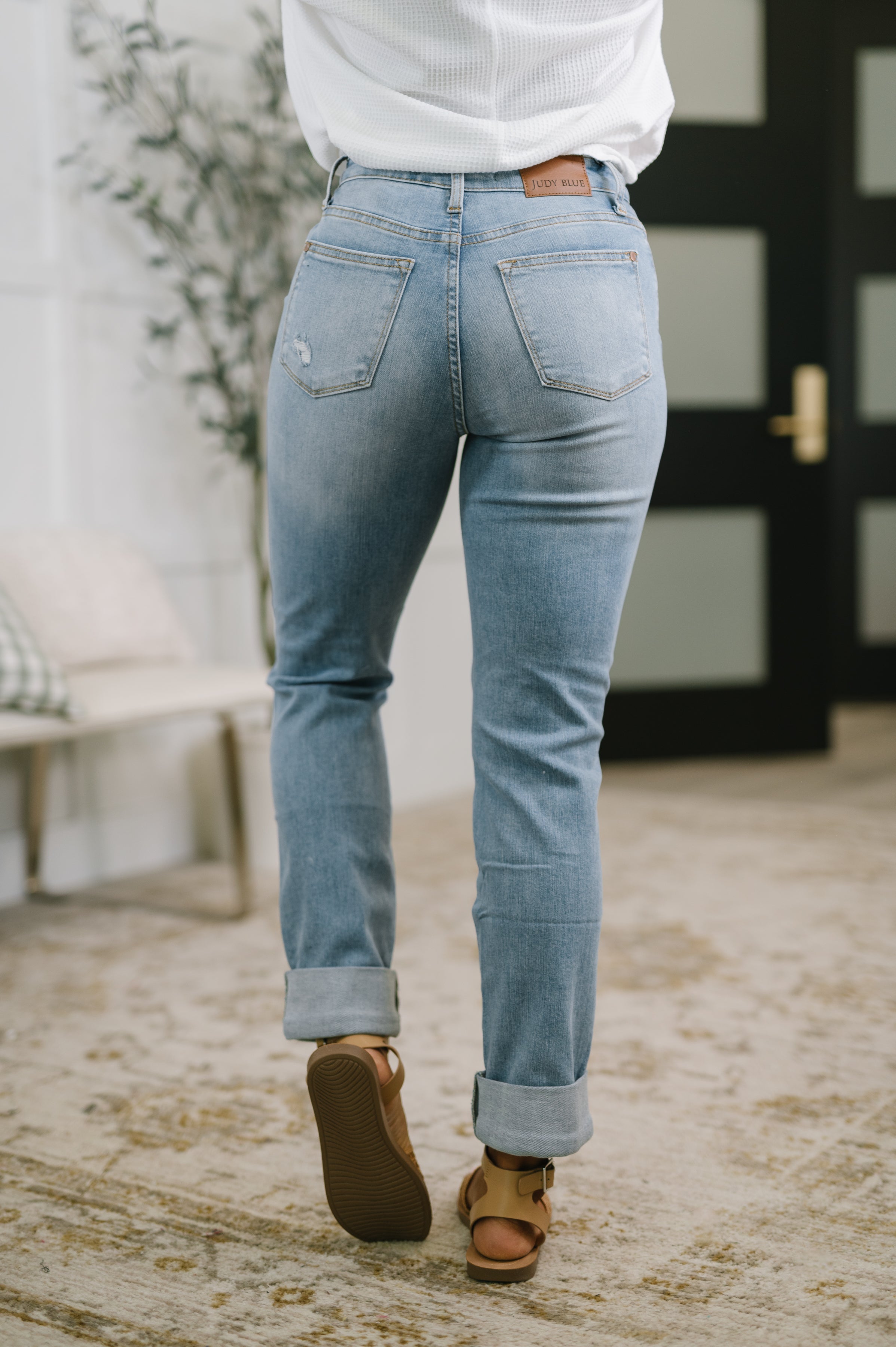 Aiden High Rise Patch Pocket Distressed Boyfriend Jeans Denim