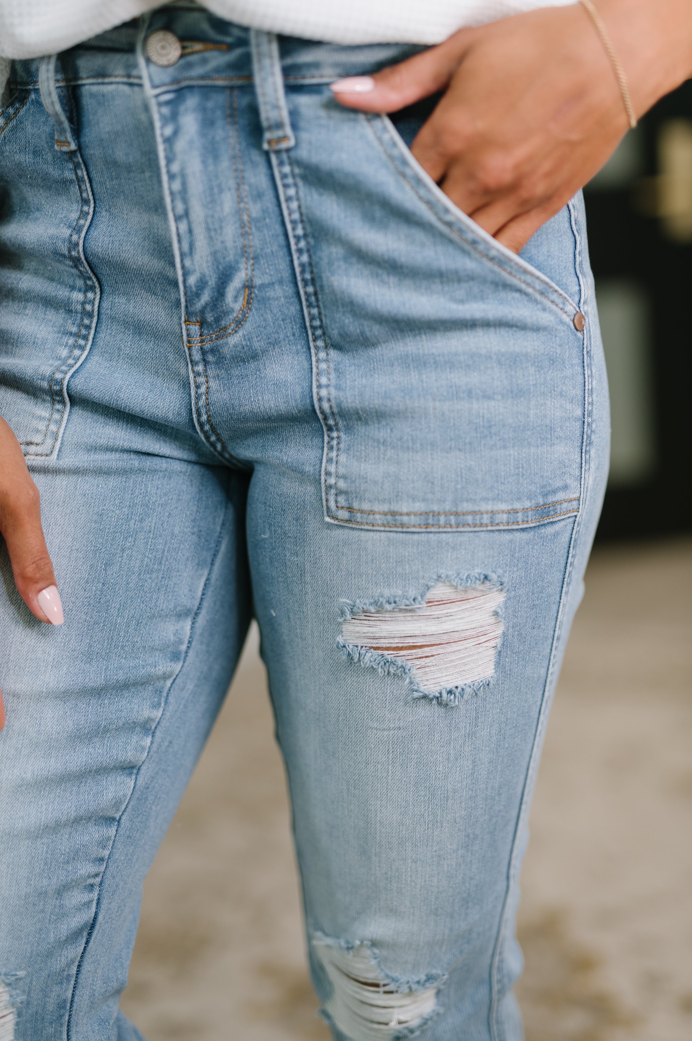 Aiden High Rise Patch Pocket Distressed Boyfriend Jeans Denim