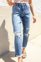 Judy Blue High-Rise Boyfriend Cuffed Hem Distressed Jeans