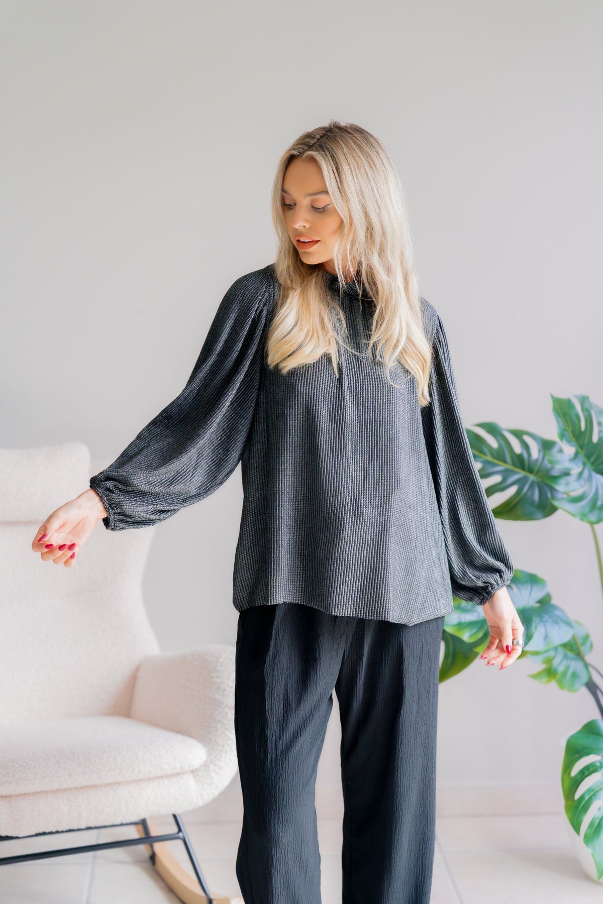 Oddi Silver Soirée Black Shimmer Metallic Blouse