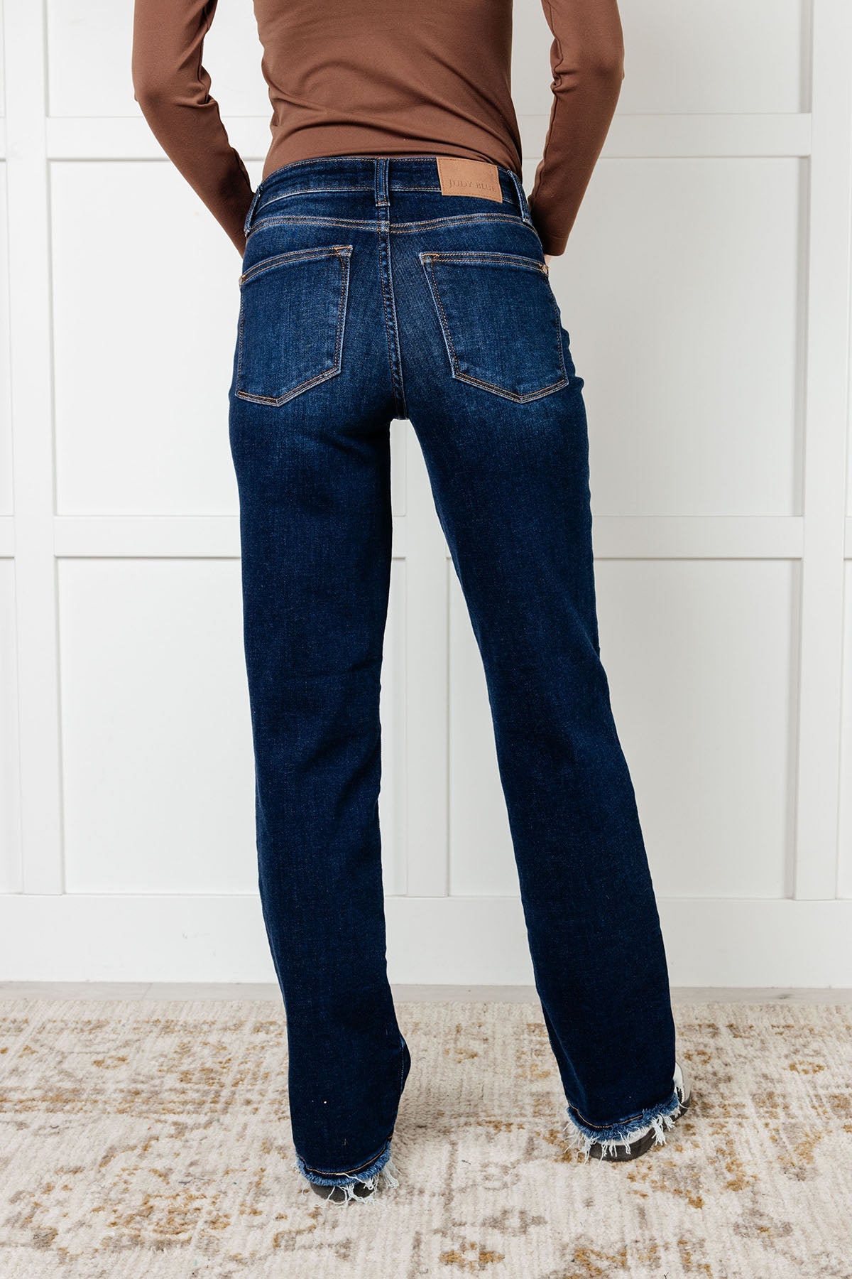 Judy Blue Jacqueline Mid Rise Frayed Hem Straight Leg Jean Denim