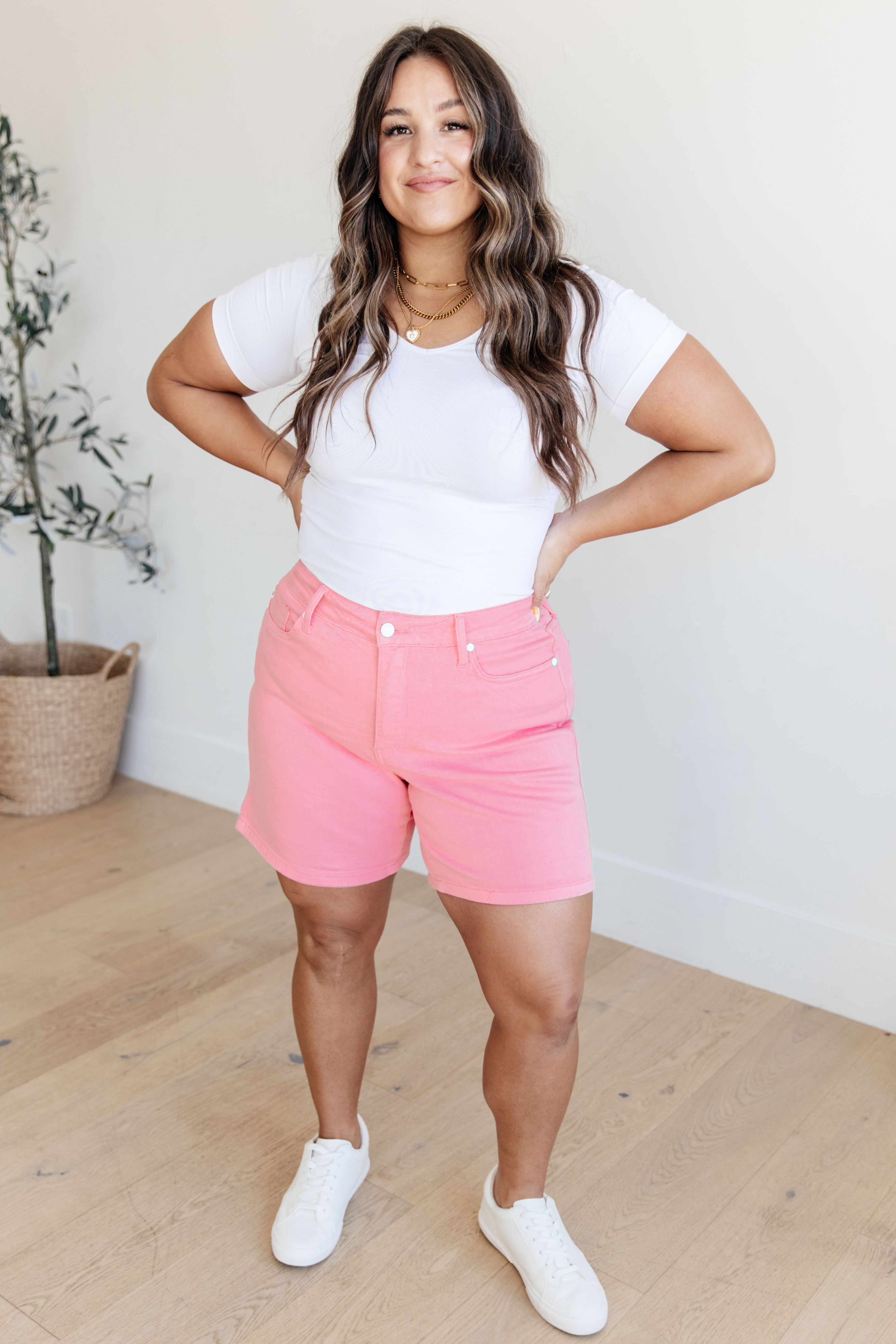 Judy Blue Jenna High Rise Tummy Control Top Cuffed Shorts in Pink Ave Shops