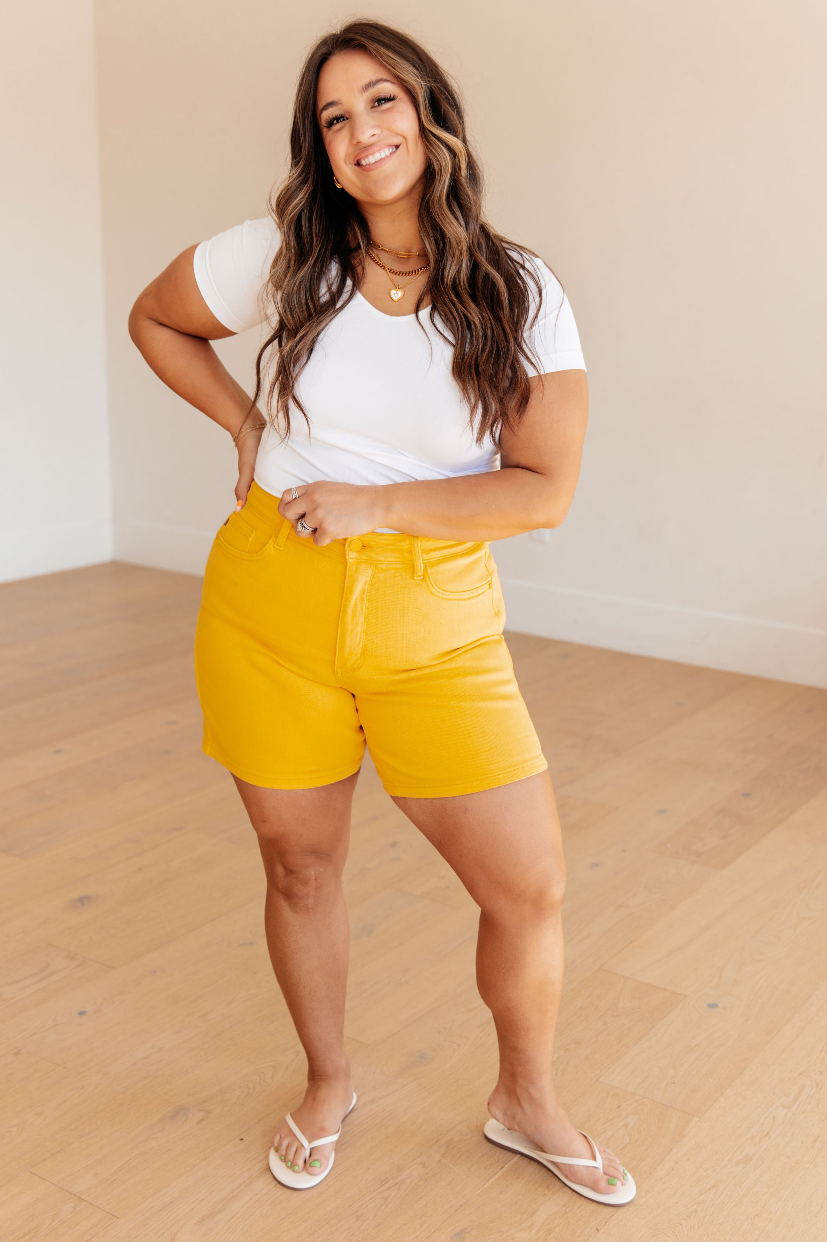Judy Blue Jenna High Rise Tummy Control Top Cuffed Shorts in Yellow Ave Shops