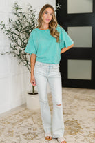 Zenana Just My Type Mineral Wash Relaxed Top in Turquoise Womens