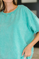 Zenana Just My Type Mineral Wash Relaxed Top in Turquoise Womens