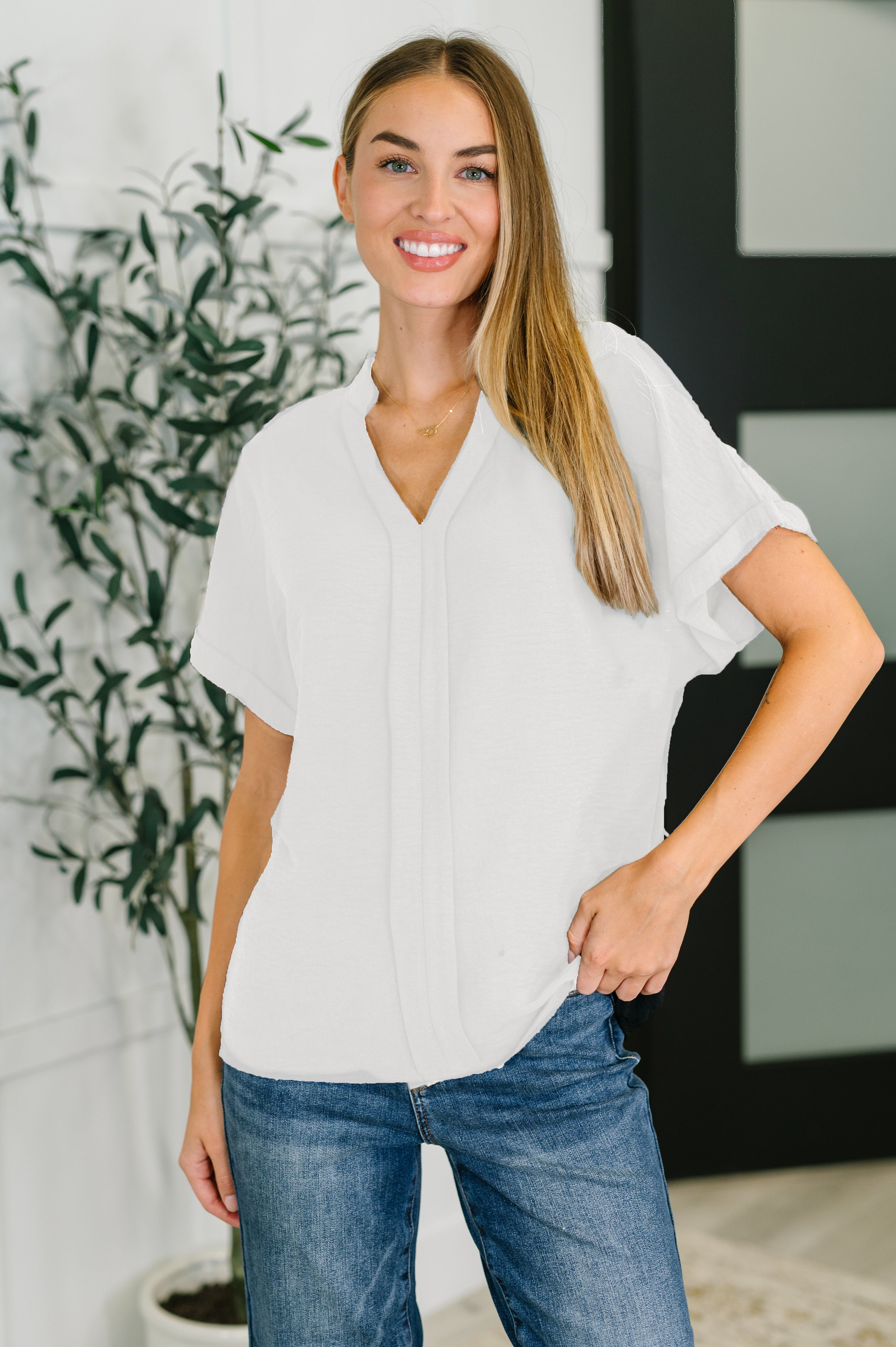 PREORDER: Crinkle Wove V-Neck Blouse in Four Colors Womens