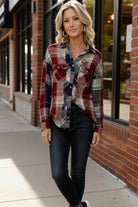 Kori America Button Down Wine & Navy Plaid Washed Shirt