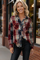 Kori America Button Down Wine & Navy Plaid Washed Shirt