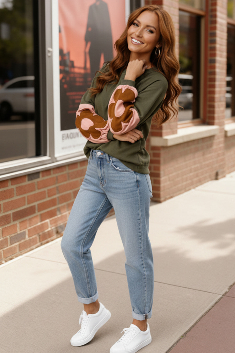 Kori America Floral Patchwork Long Sleeve Color Block Top in Olive