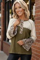 Kori America Olive Cotton Color Block Floral Print Bell Sleeve Top