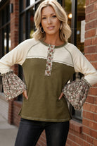 Kori America Olive Cotton Color Block Floral Print Bell Sleeve Top
